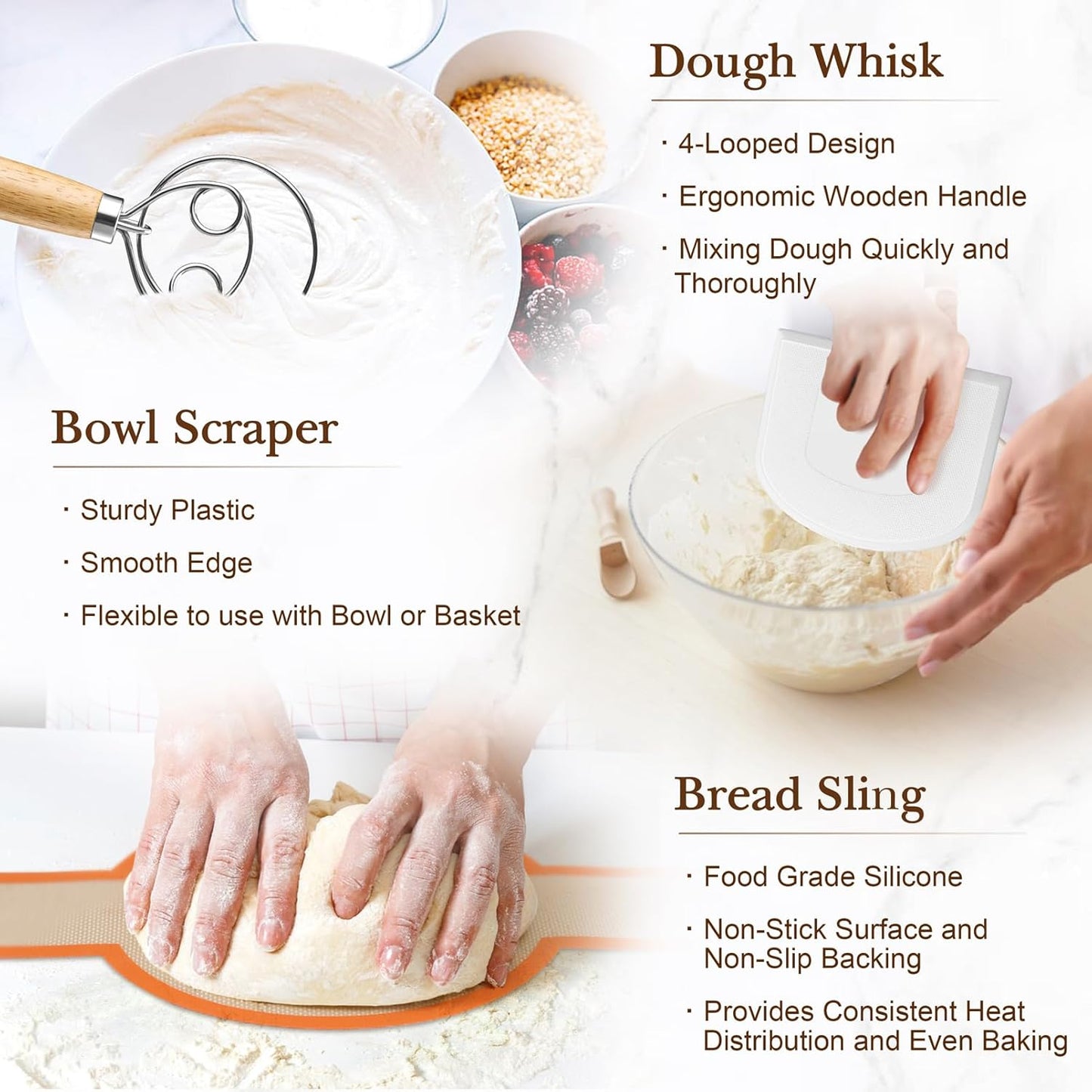 TeamFar Sourdough Bread Baking Supplies, 9” Round and 10” Oval Sourdough Starter Kit, Proofing Basket Set with Cloth Liner, Bread Lame, Whisk Dough, Bowl Scraper, Brush
