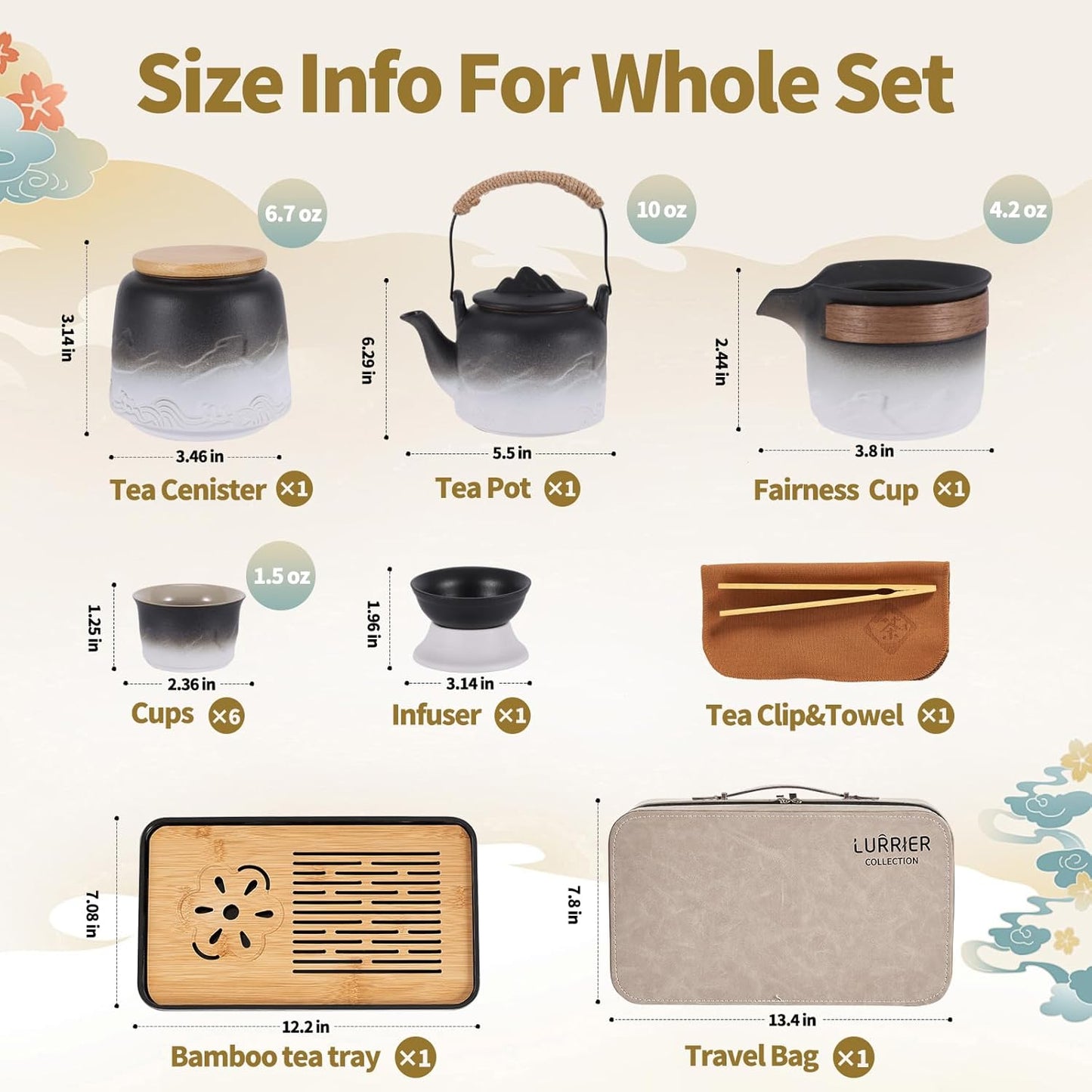 LURRIER Gongfu tea sets, Portable Ceramic TeaSet, Asian Tea sets for adult, Tea Gift sets, Grey leather case, Portable Travel Bag,Home,Gifting,Outdoor and Office(Black and White)