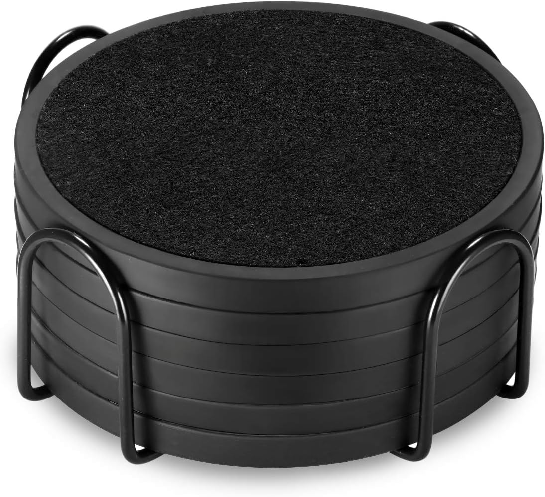 Absorbent Coasters for Drinks with Holder - 6packs, Silicone Coaster with Soft Felt Insert, Black (Coasters with Holder, Black)