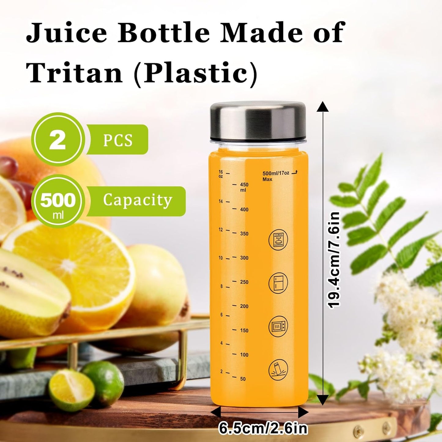 2 Pack Juice Bottles with Caps - Wide Mouth Resuable Clear Plastic Water Bottles for Juicing,Smoothie,Protein, Beverage,Storage Containers,BPA Free,Leakproof Stainless Steel Lid(16 Ounces)