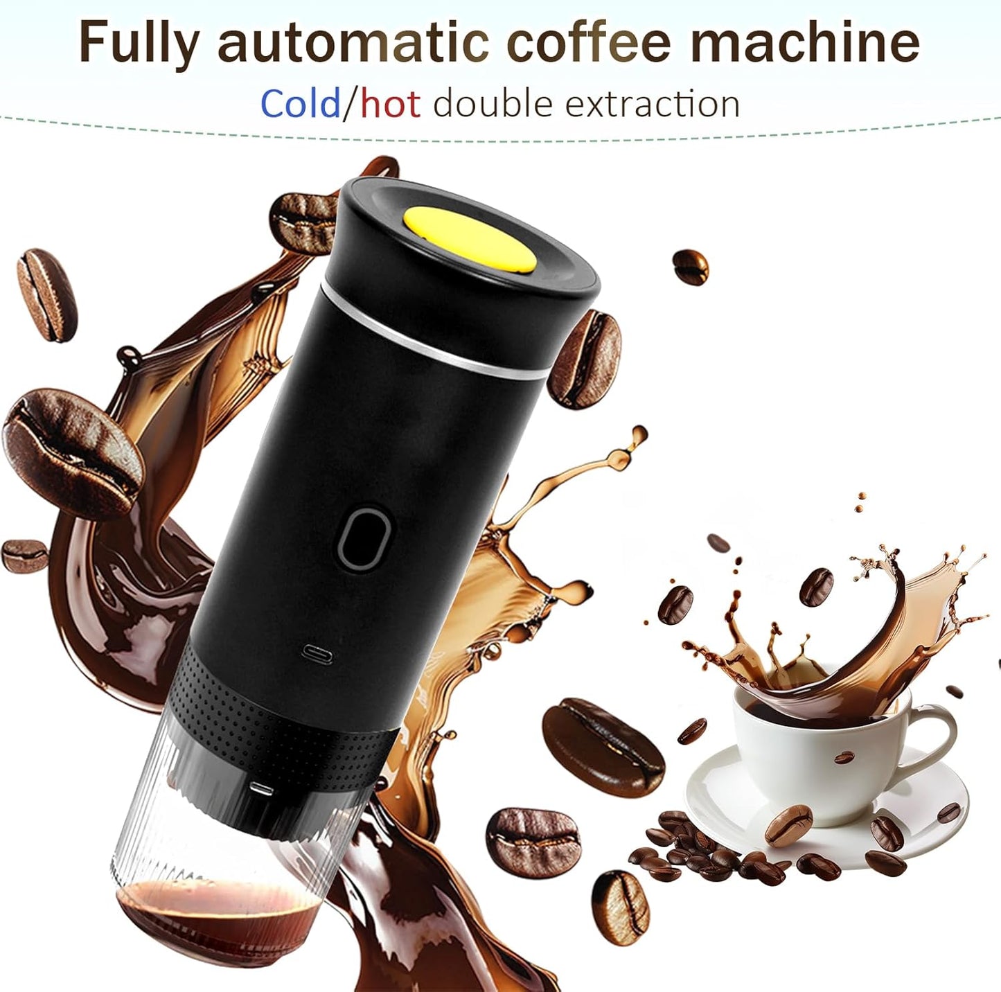 3-in-1 Portable Coffee Maker, Self-Heating Espresso Machine, USB Rechargeable Travel Coffee Maker, Compact for Office, Travel, Camping - Black