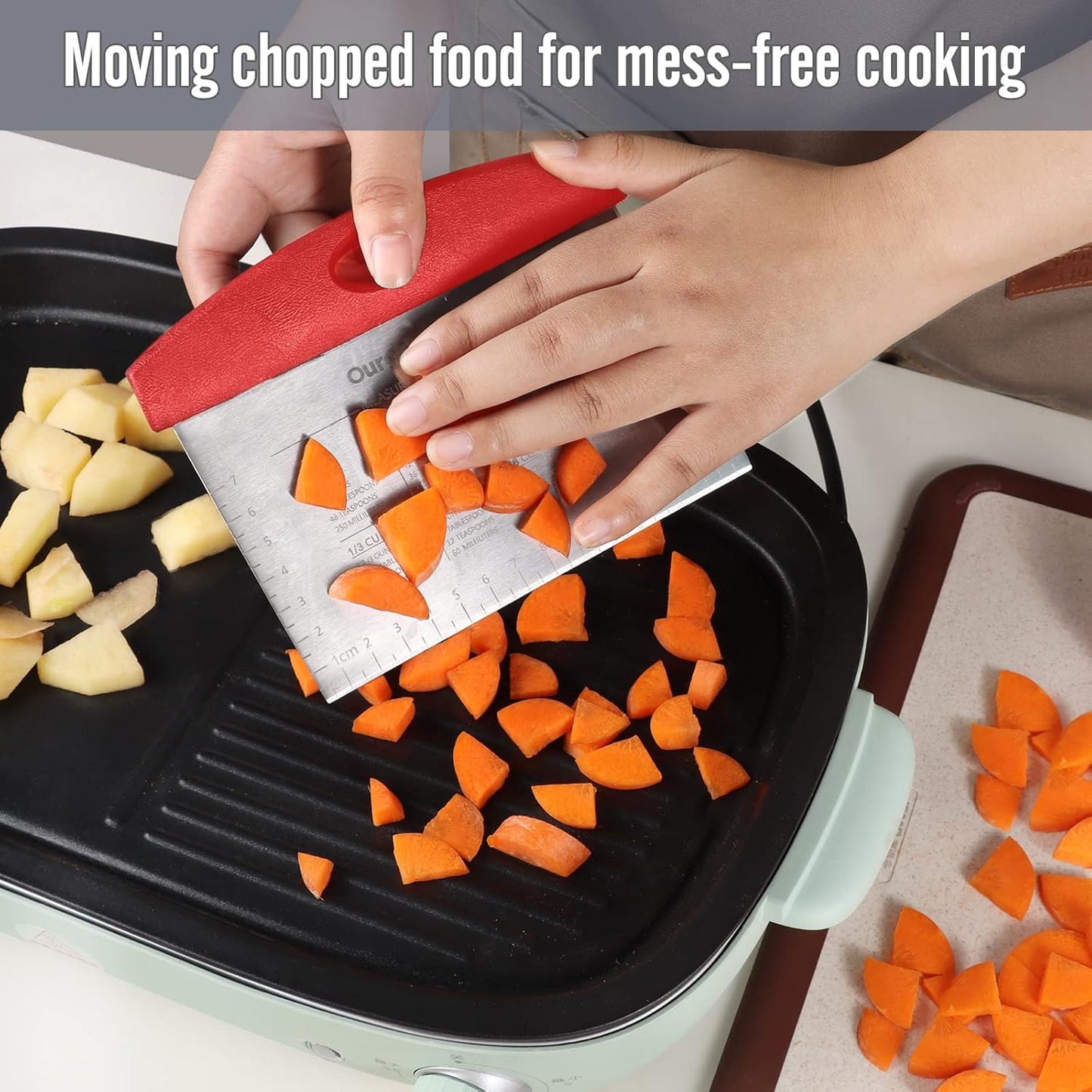 Ourokhome Dough Pastry Bench Cutter Scraper, Stainless Steel Pizza Cutter for Kitchen Baking, Dishwasher Safe, Anti-Wear Laser-Engraved Measuring Scale and Conversion Chart, 2 Pack, Black and Red