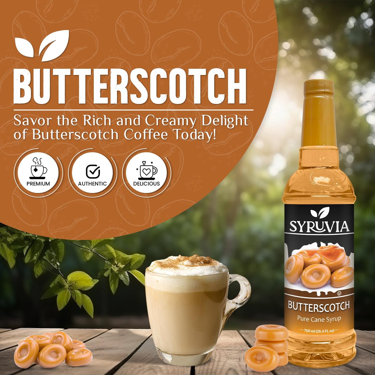 Syruvia Butterscotch Coffee Syrup - 25.4 fl oz. Kosher and Gluten-Free. Perfect for Enhancing Drinks, Sodas, Shakes, Desserts, and More.