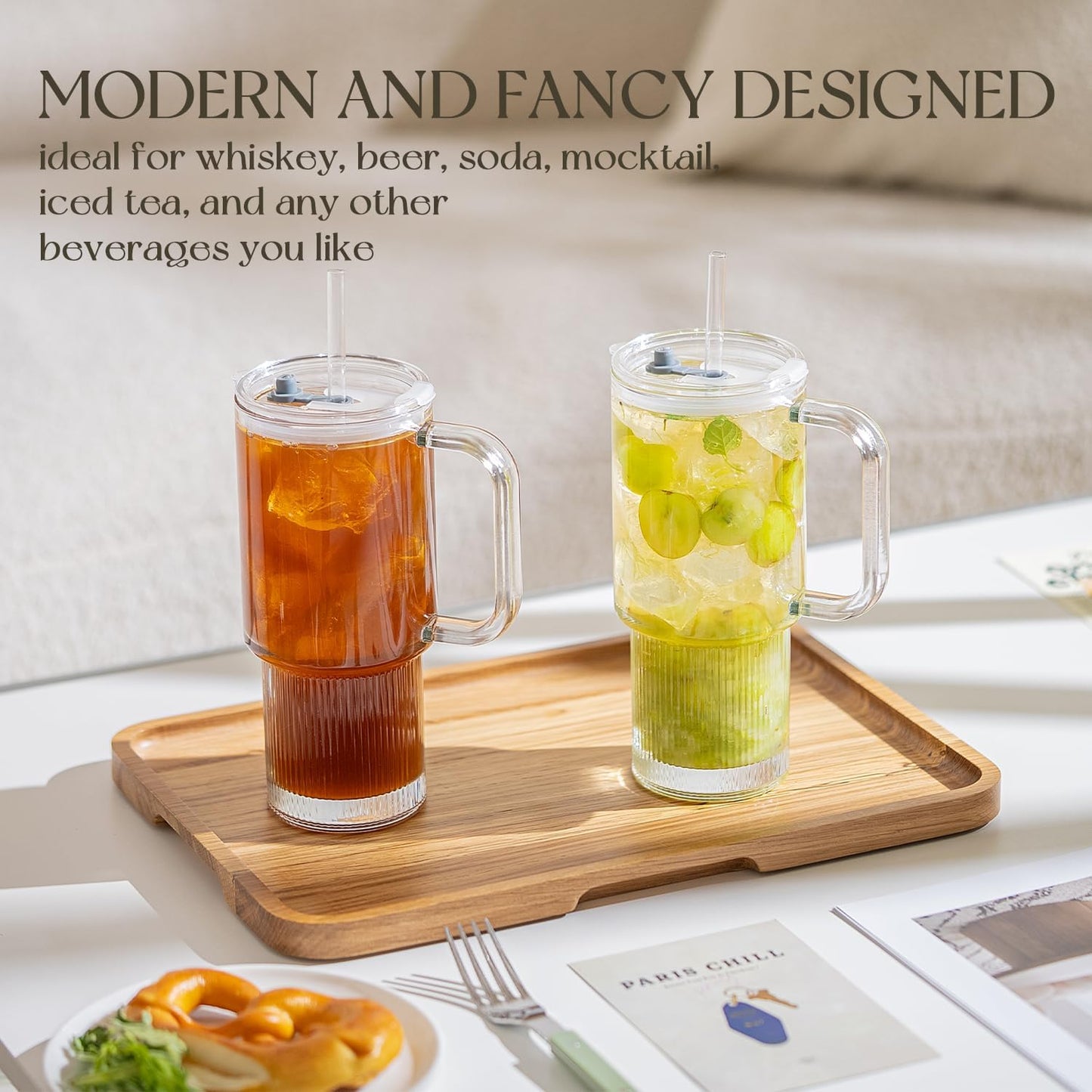 KEMORELA 26oz Ribbed Glass Mug with Handle and Lid – Large Clear Tumbler for Iced Coffee, Tea, Smoothies & Hot Drinks, Reusable Glass Cup with Straw, Dishwasher Safe, Travel Friendly