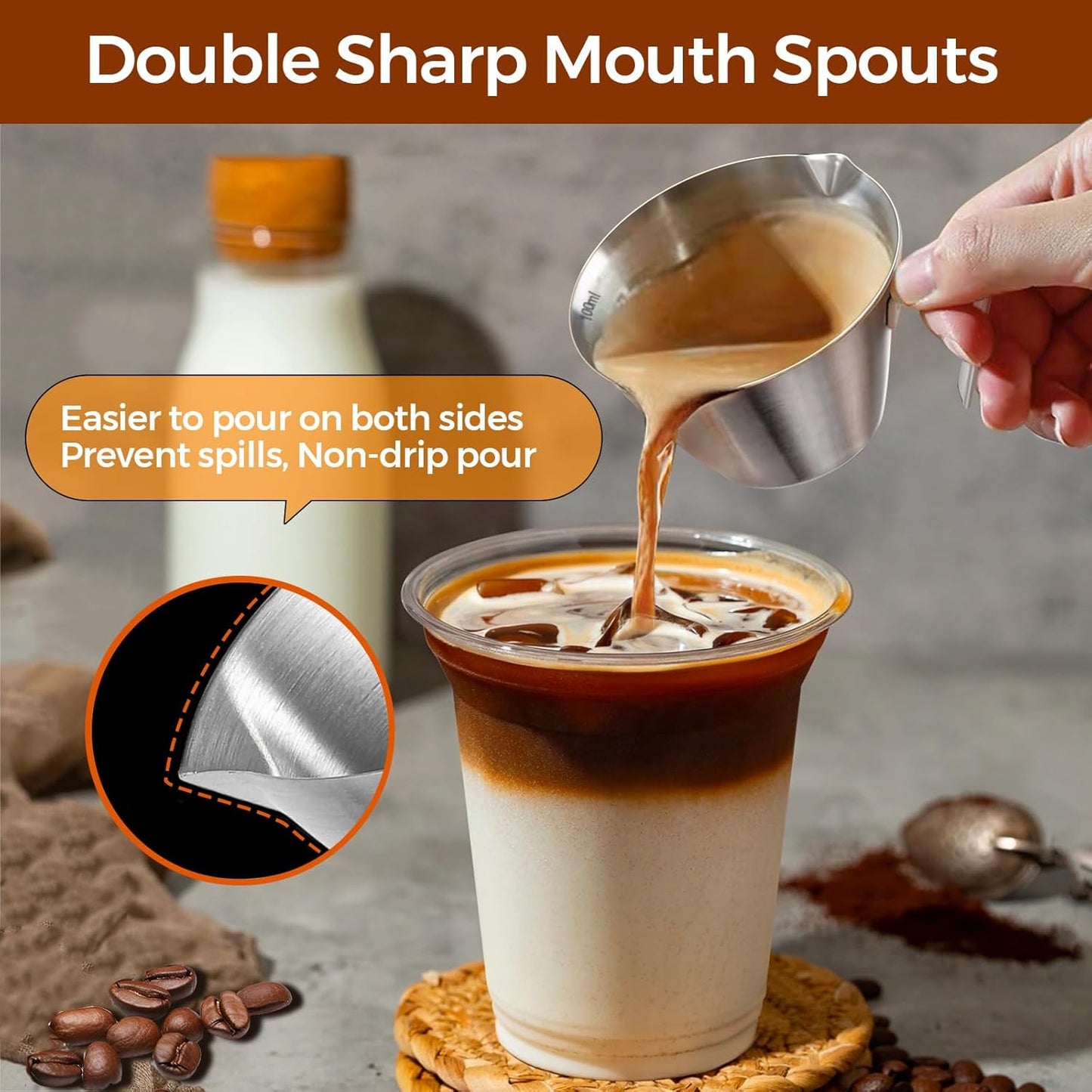 2Pcs Stainless Steel Espresso Cup, Double Spout Metal Espresso Measuring Cup with Handle, 3.4oz/100ml V-Shaped Mouth with Dual Scale (Black+White)