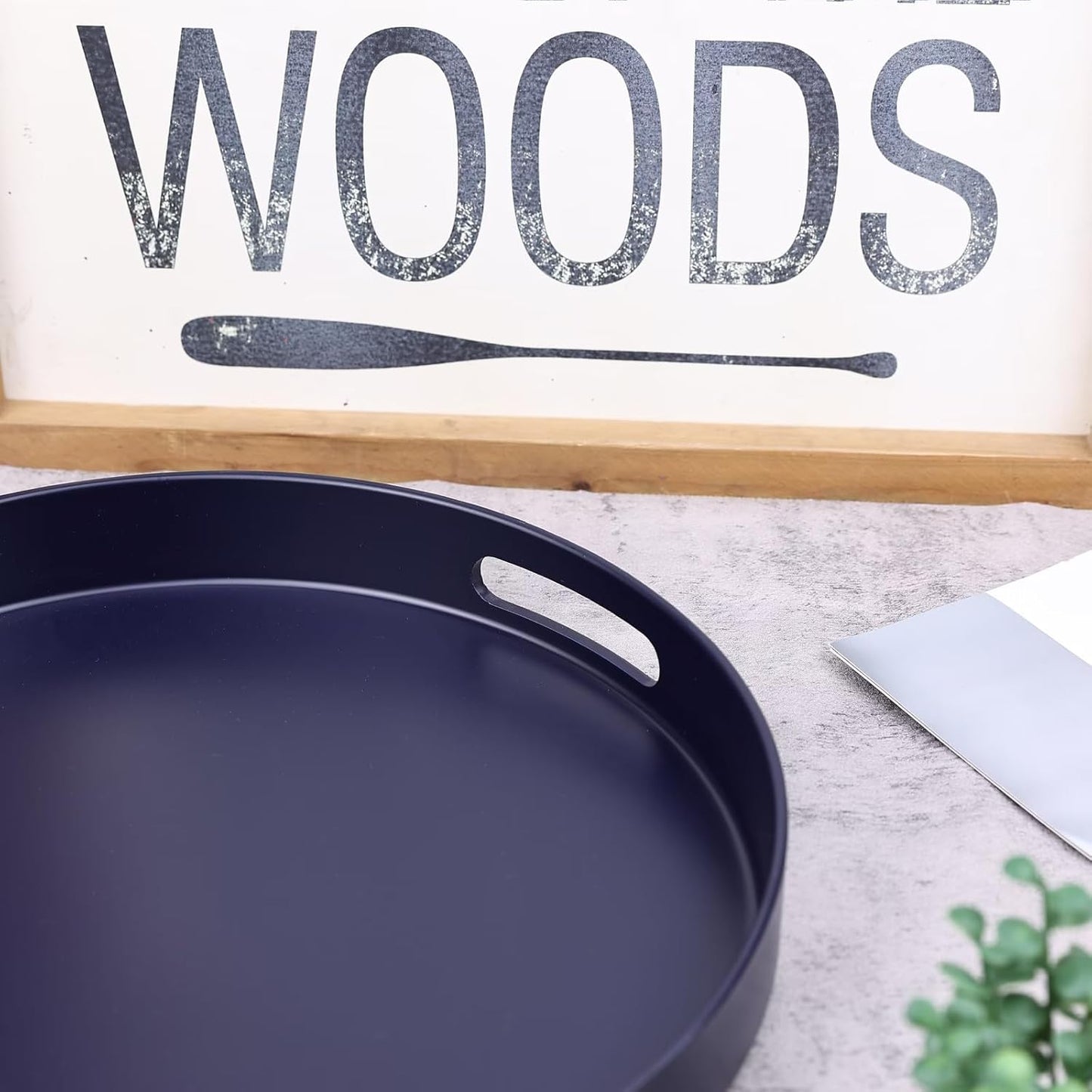 Navy Blue Decorative Serving Tray with Handles, 13” Versatile Ottoman Tray for Coffee Table, Entertaining, Outdoor Patio, Living Room