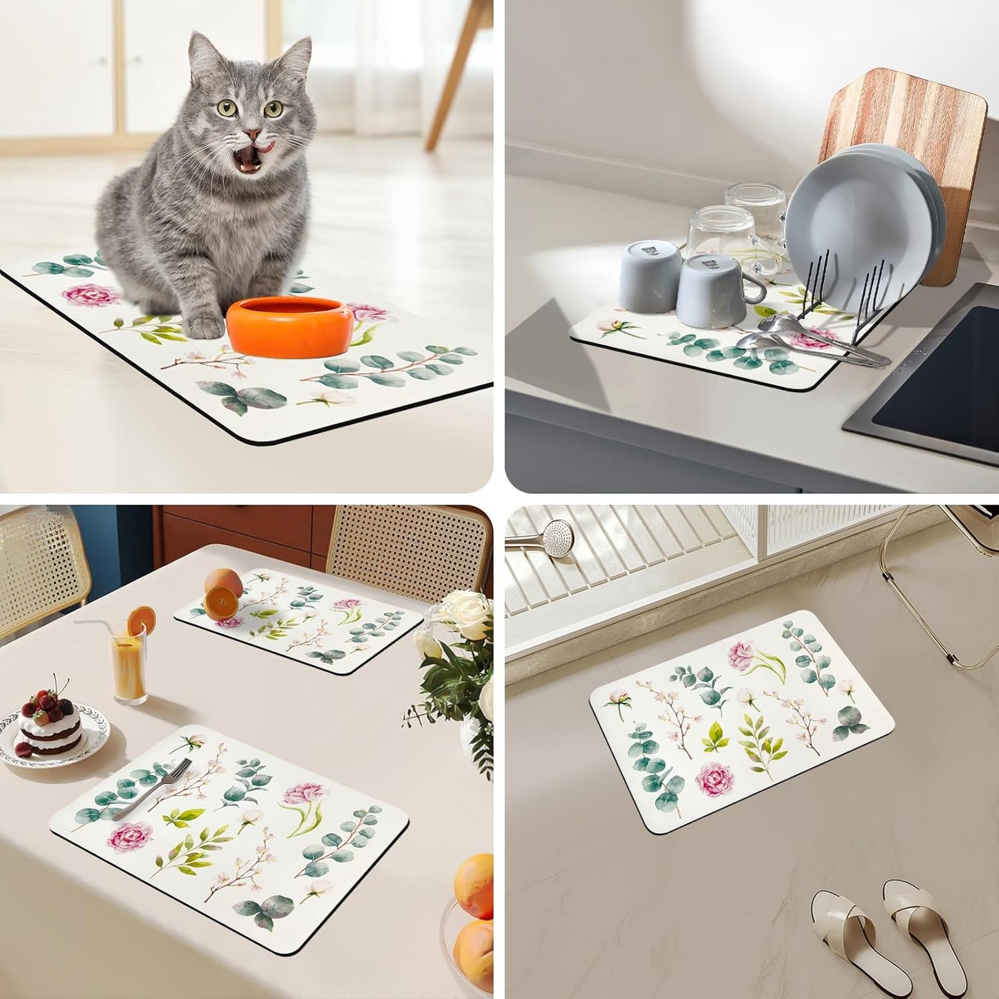 Bloss Dish Drying Mat, 12.2"x19.7" Absorbent Coffee Bar Mat with Waterproof Rubber Back, Fit Under Coffee Maker Machine/Kitchen Counter(Rose)