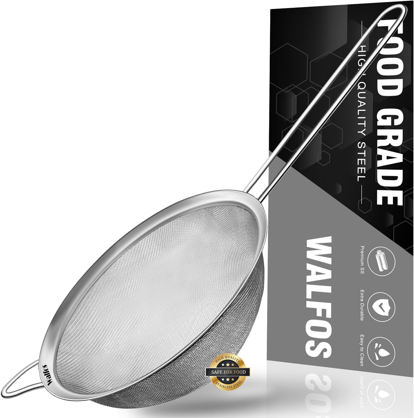 Walfos 6.3 Inch Fine Mesh Strainer, Premium Stainless Steel Sieve and Sifter with Handle, Kitchen Metal Strainers for Rice, Quinoa, Fruits, Noodles, Flour