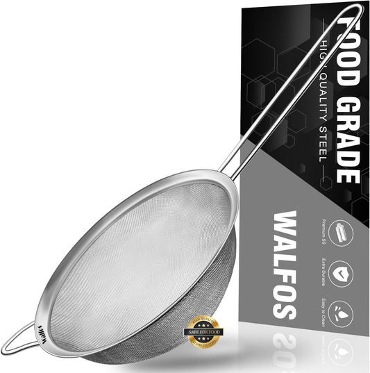 Walfos 7 Inch Fine Mesh Strainers, Premium Stainless Steel Colanders and Sifters, with Reinforced Frame and Sturdy Handle, Perfect for Sift, Strain, Drain and Rinse Vegetables, Pastas and Tea