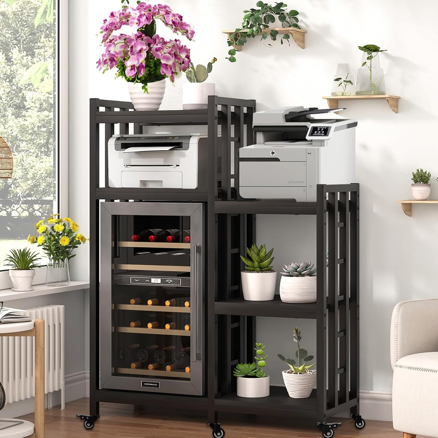 BRIGHTSHOW Free Standing Baker Rack Mini Fridge Stand with Wheels, 6 Tire Kitchen Storage Shelf Organizers Coffee Table Bar Microwave Stand for Patio Garage Shelving Home Porch Decor Office House