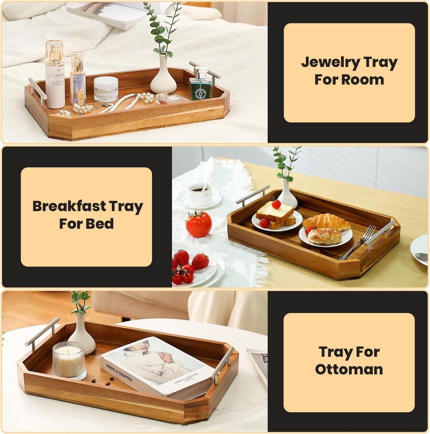 Wooden Serving Tray with Handles – Premium Acacia Wood Tray for Couch, Coffee Table, Ottoman, or Bar – Rustic Walnut & Dark Wood Serving for Drinks, Snacks, Breakfast, and Meal