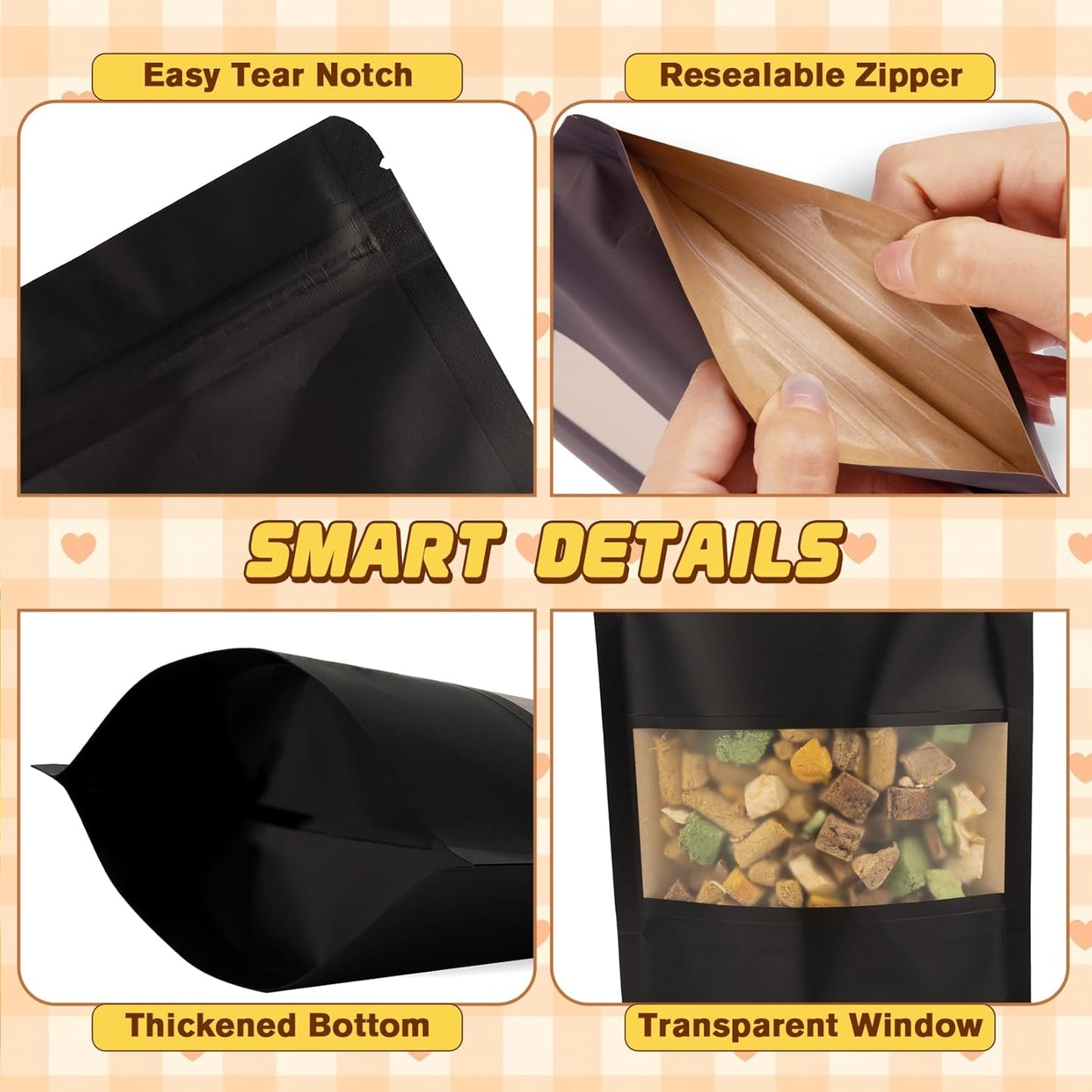 50 Pack Zip Lock Bags, Reusable Snack Bags with Window, Cookie Bags for Pastry, Herbs, Jerky, Spices, Soap, Pet, Gifts, Resealable Baggies for Small Business, Farm Stand Supplies