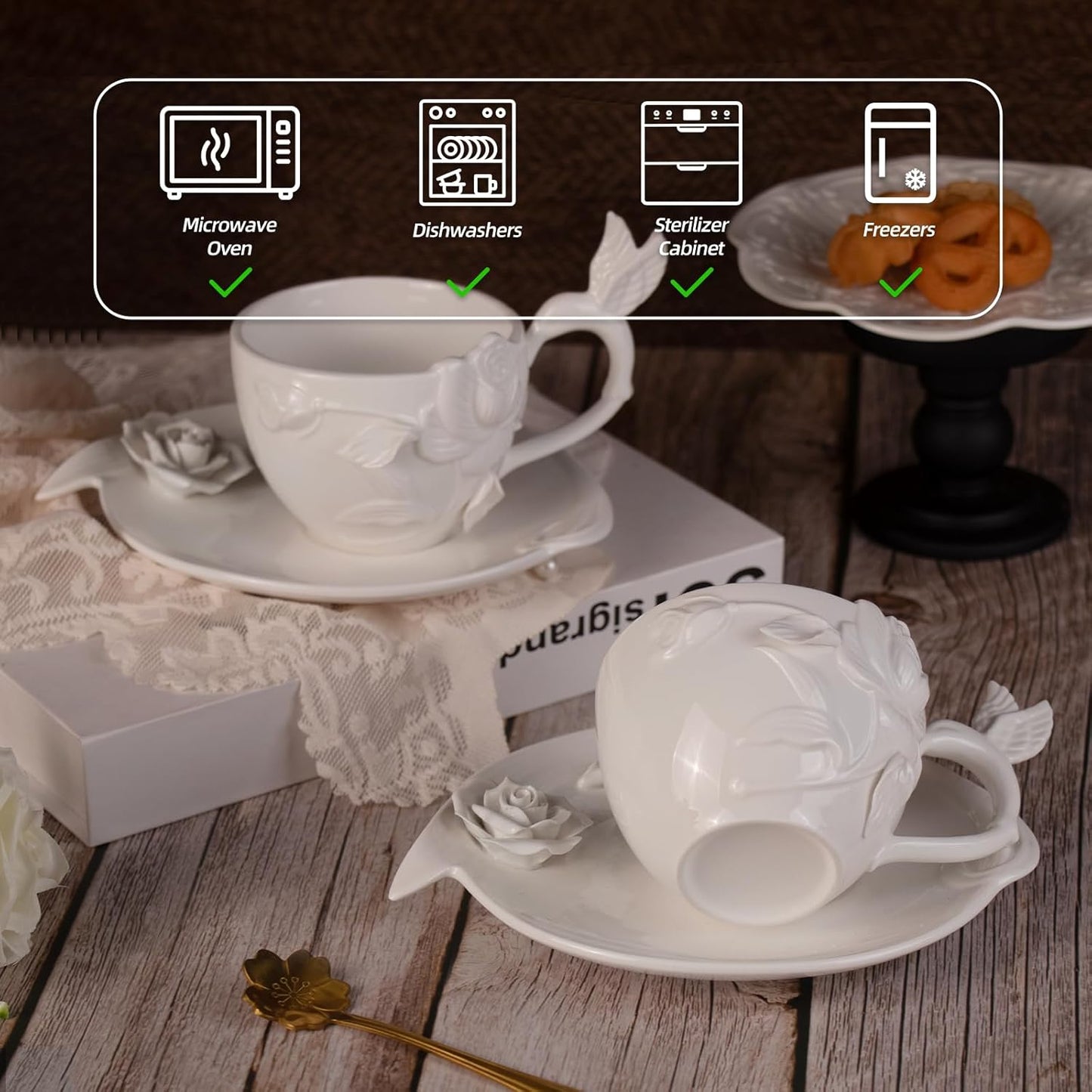 KAMMAK Tea Cups and Saucers Set of 2, Porcelain Coffee Cups, 8.5-Ounce Stackable Espresso Mugs, Ceramic Demitasse for Coffee, Latte, Americano, Tea, Cubic Rose