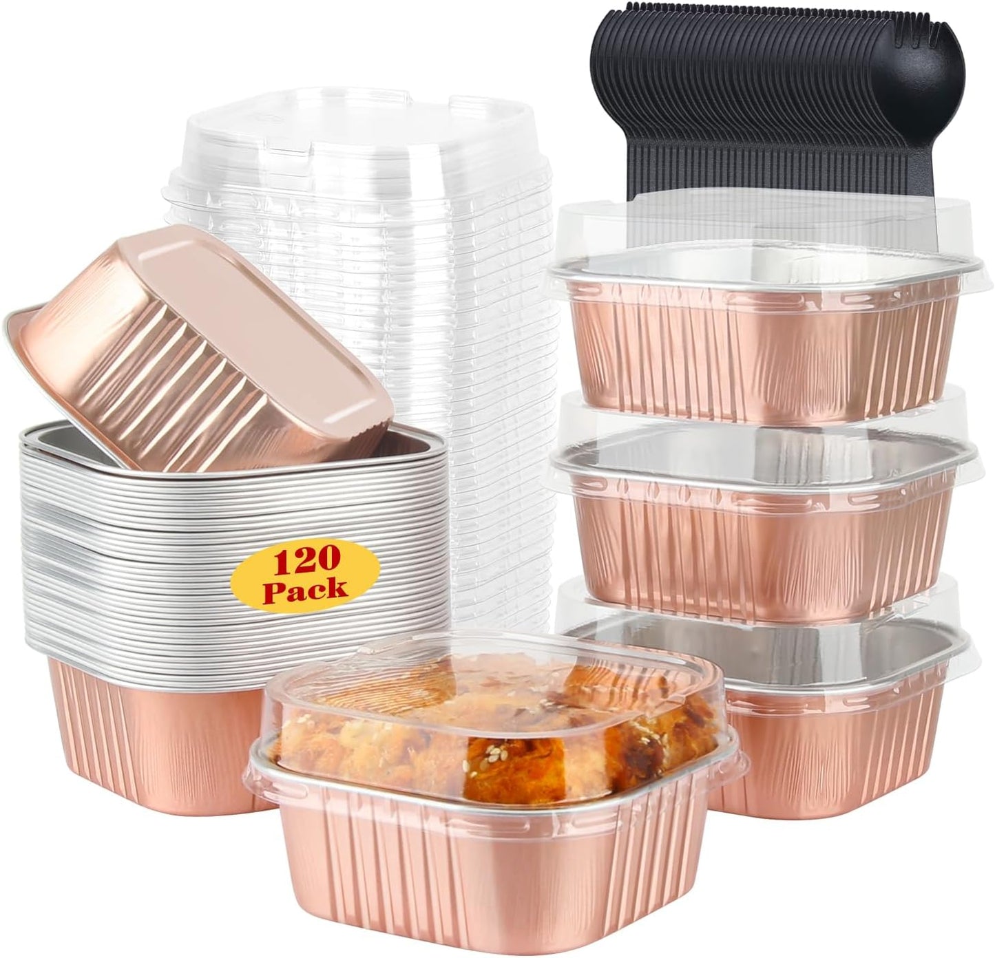 LNYZQUS 120pack/10oz Mini Cake Tins with Lids, 4”x4” Mini Foil Pans Disposable Brownie Baking Cups, Small Aluminum Bread Muffin Pan Jumbo Cupcake Containers Holders-Champagne