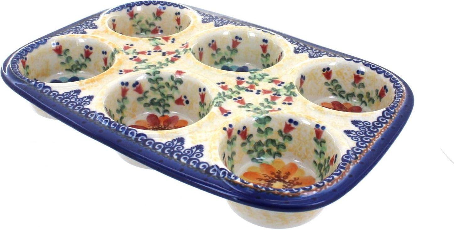 Blue Rose Polish Pottery - Orange Autumn Burst Muffin Pan - 12" x 8" - Ceramic Baking Dish, 6-Cup Muffin & Cupcake Pan
