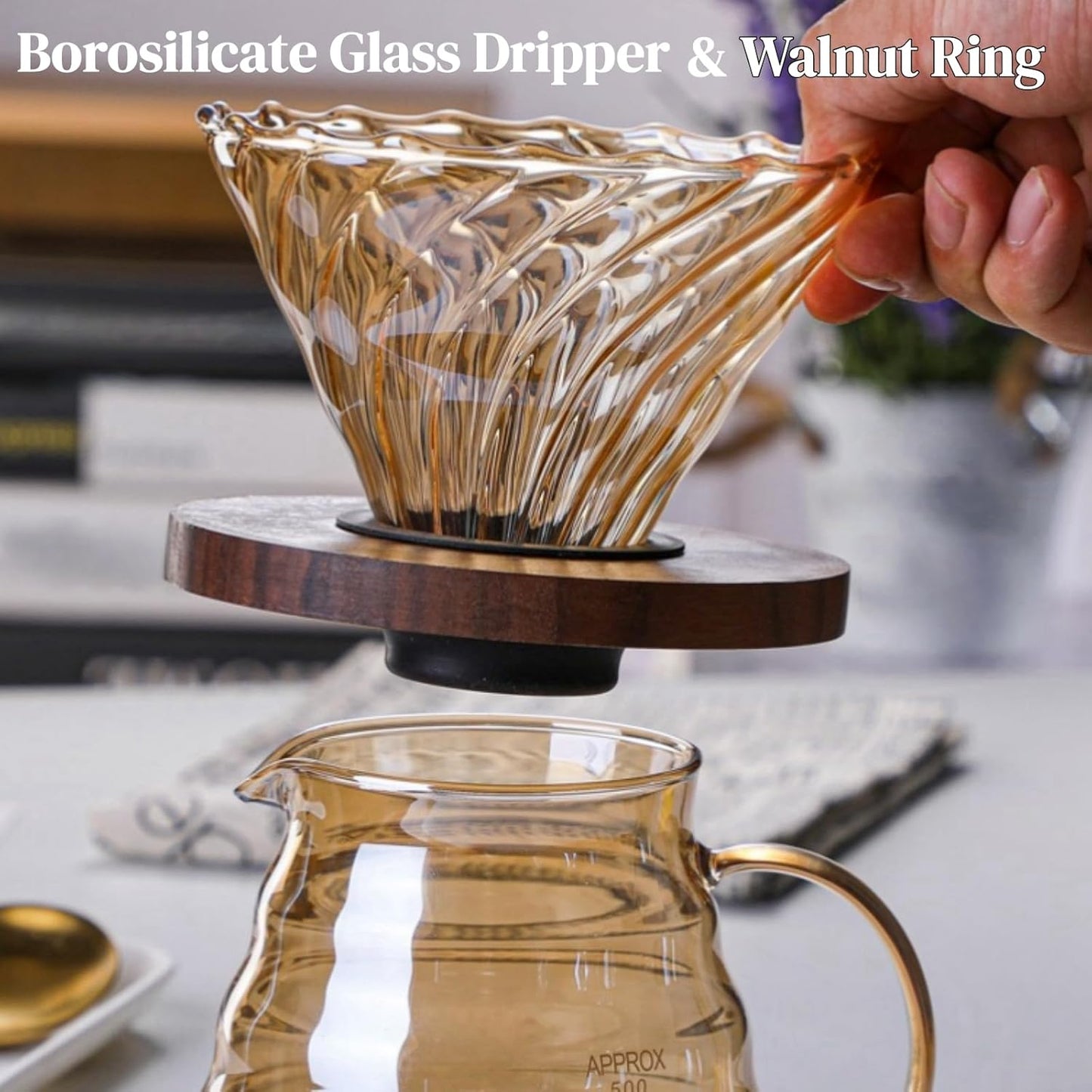 Pour Over Coffee Maker Set 20 oz, 600 ml Borosilicate Glass Coffee Server with Glass Lid, 50 pcs Paper Filter, Walnut Handle Pour Over Coffee Dripper for Home Café Restaurant, Gold