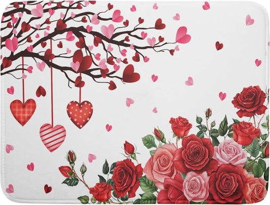 Giwawa Happy Valentines Day Dish Drying Mat for Kitchen Countertop, Red Love Hearts Rose Flowers Dish Drainer Mats, Romantic Absorbent Dish Drying Pad Wedding Decor, 18"x24", Large