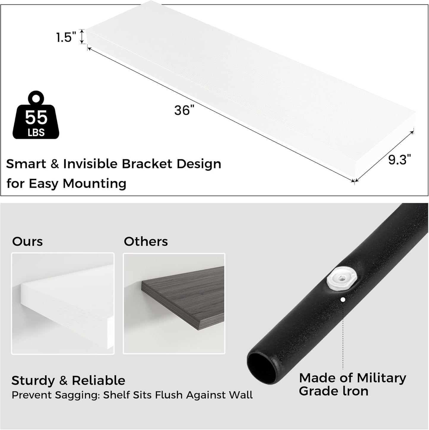 Floating Shelves - 2 Large Wall Mounted Shelves with Invisible Brackets, Long Wood Floating Wall Shelf for Living Room, Bedroom, Kitchen (White, 36" W x 9" D x 1.5" H)