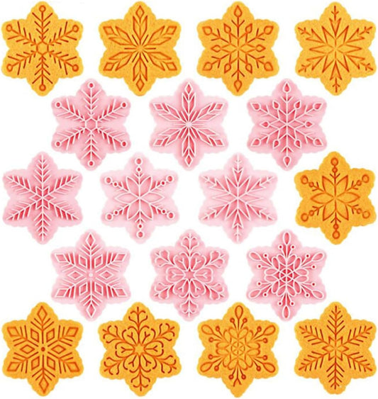9pcs Christmas Cookie Cutter Set Snowflake Cookie Cutters with Plunger Stamps Biscuit Mold 3D Snowflake Cookie Molds Cake Baking Fondant Cutter Christmas Party DIY Cookie Decorating Supplies (A)