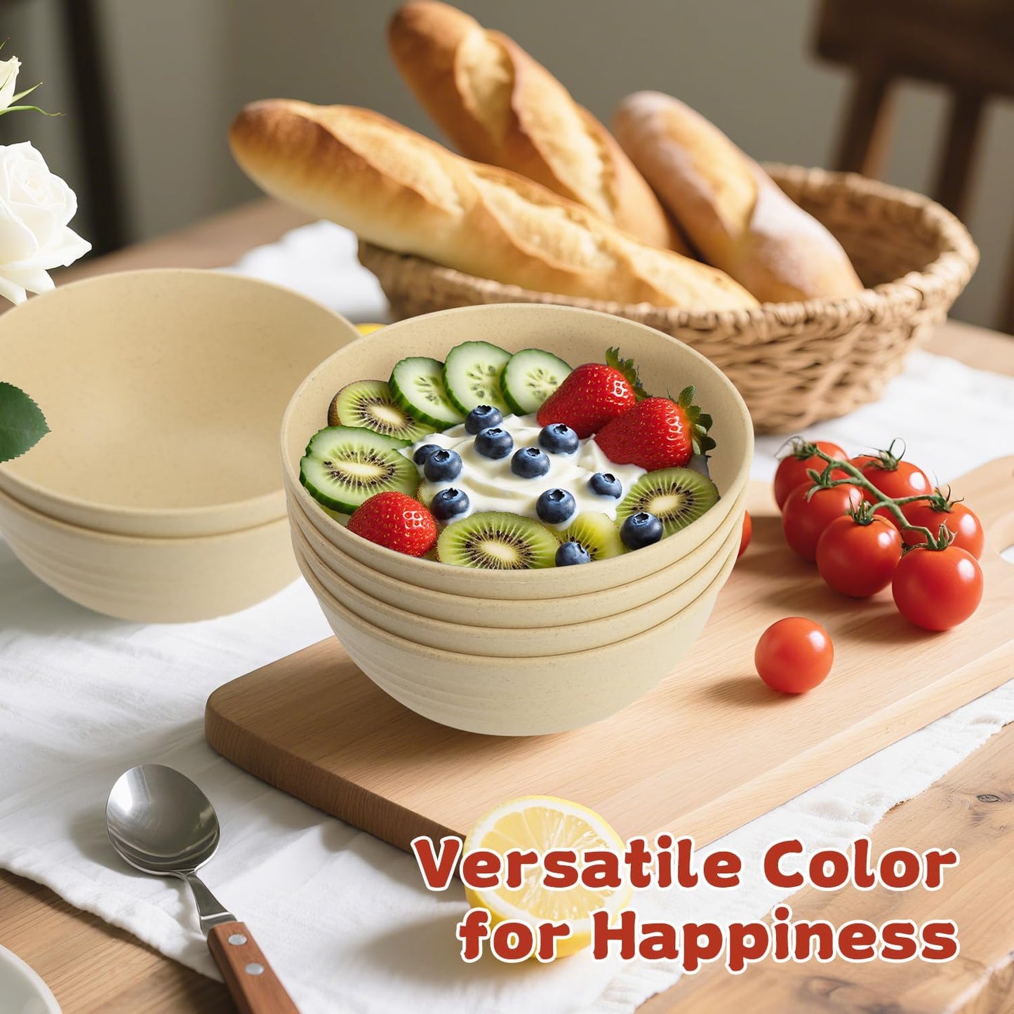 6-piece Wheat Straw Bowls sets 26oz,Alternative Plastic Bowls Reusable for indoors and outdoors,Microwave-able and Dishwasher Safe Bowls Sets Easy to Clean.Beige Series