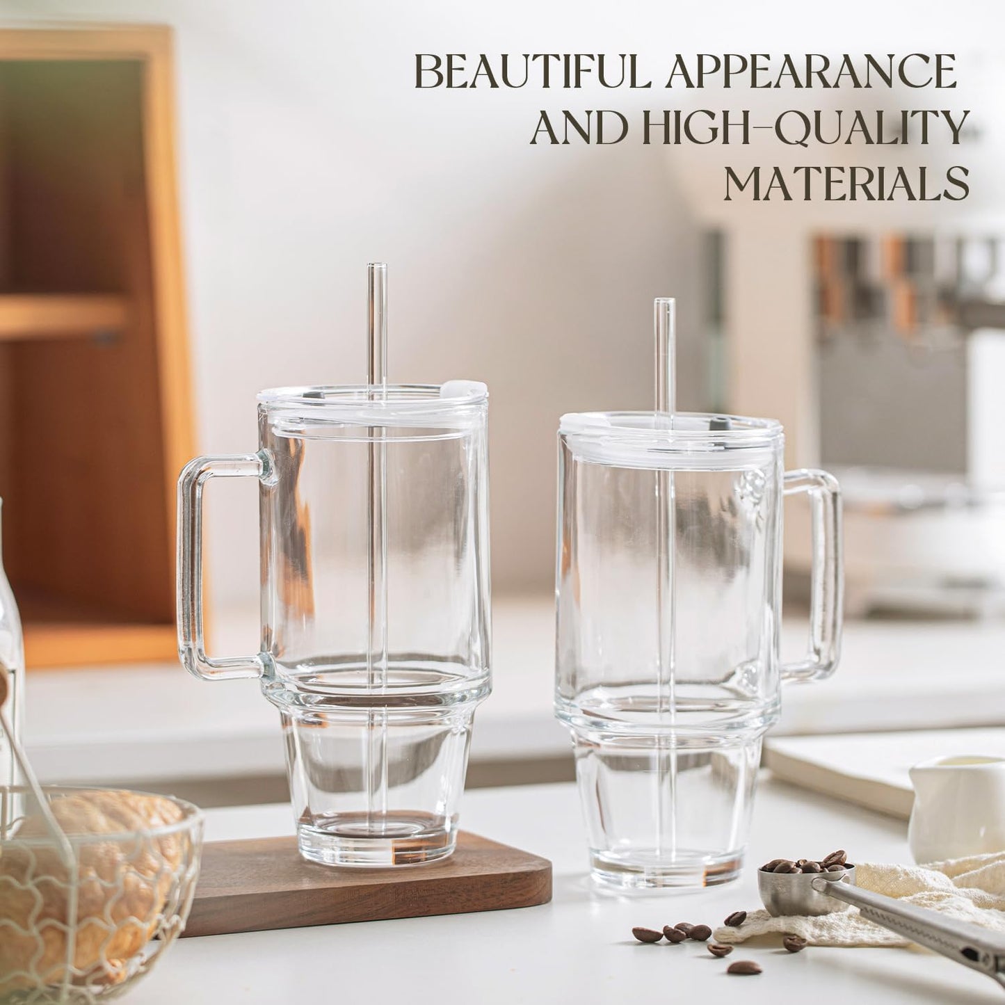 KEMORELA Glass Cups with Lids and Straws 2PCS, 24oz Clear Tumblers with Handle, Reusable Drinking Glasses for Iced Coffee, Tea, Water, Leak Proof Lid, Dishwasher Safe