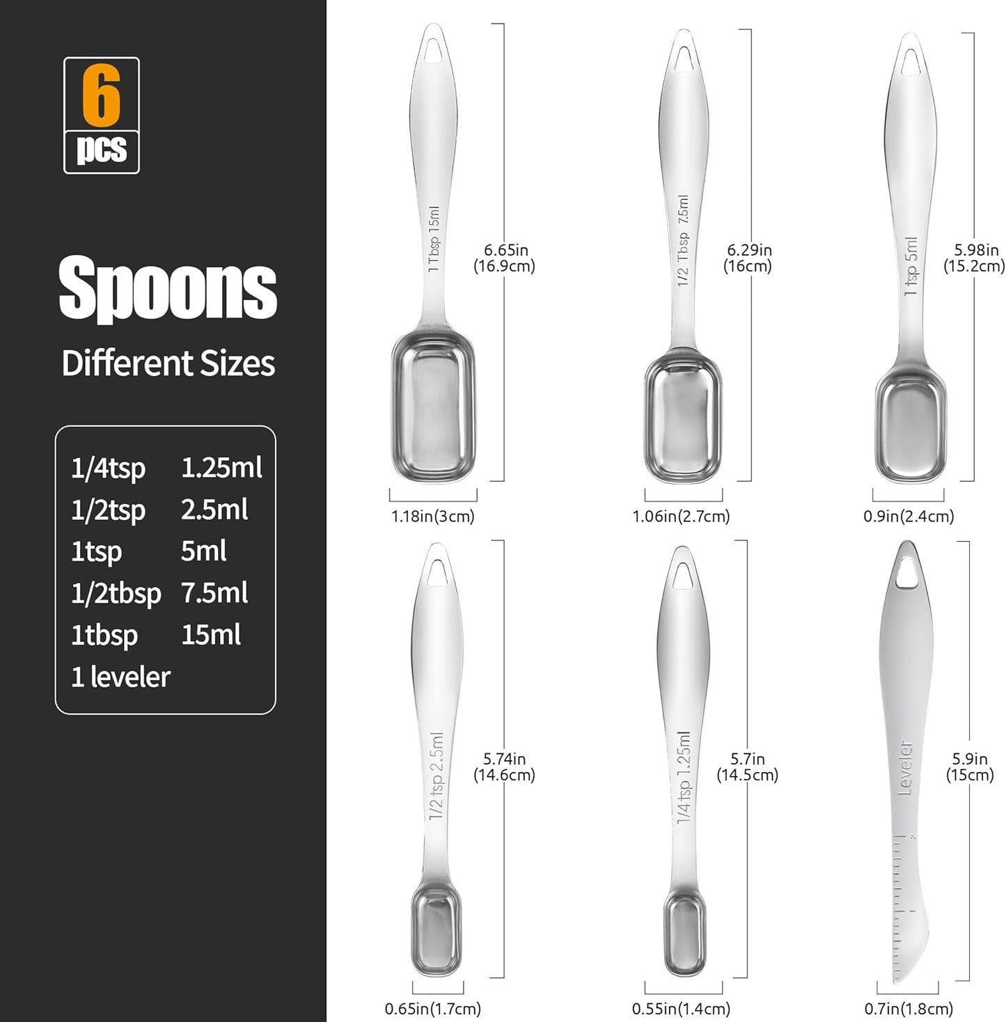 18/8 Stainless Steel Measuring Spoons: Doosu Heavy Duty Rectangular Spoon Square Teaspoon Tablespoon Scoop with Slim Long Handle in Narrow Spice Jar for Kitchen Baking Cooking (Set of 6 with Leveler)