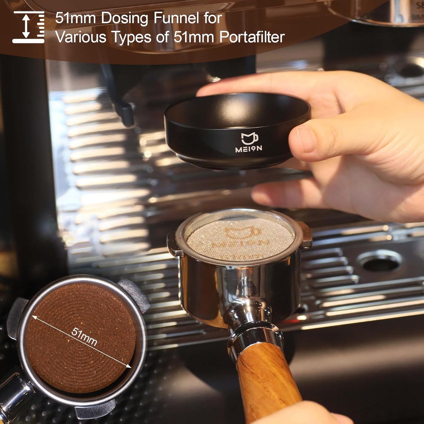 MEION 51mm Dosing Funnel, Magnetic Espresso Dosing Funnel Coffee Funnel Compatible with 51mm Portafilter, Espresso Tools Portafilter Funnel (51mm, Black)
