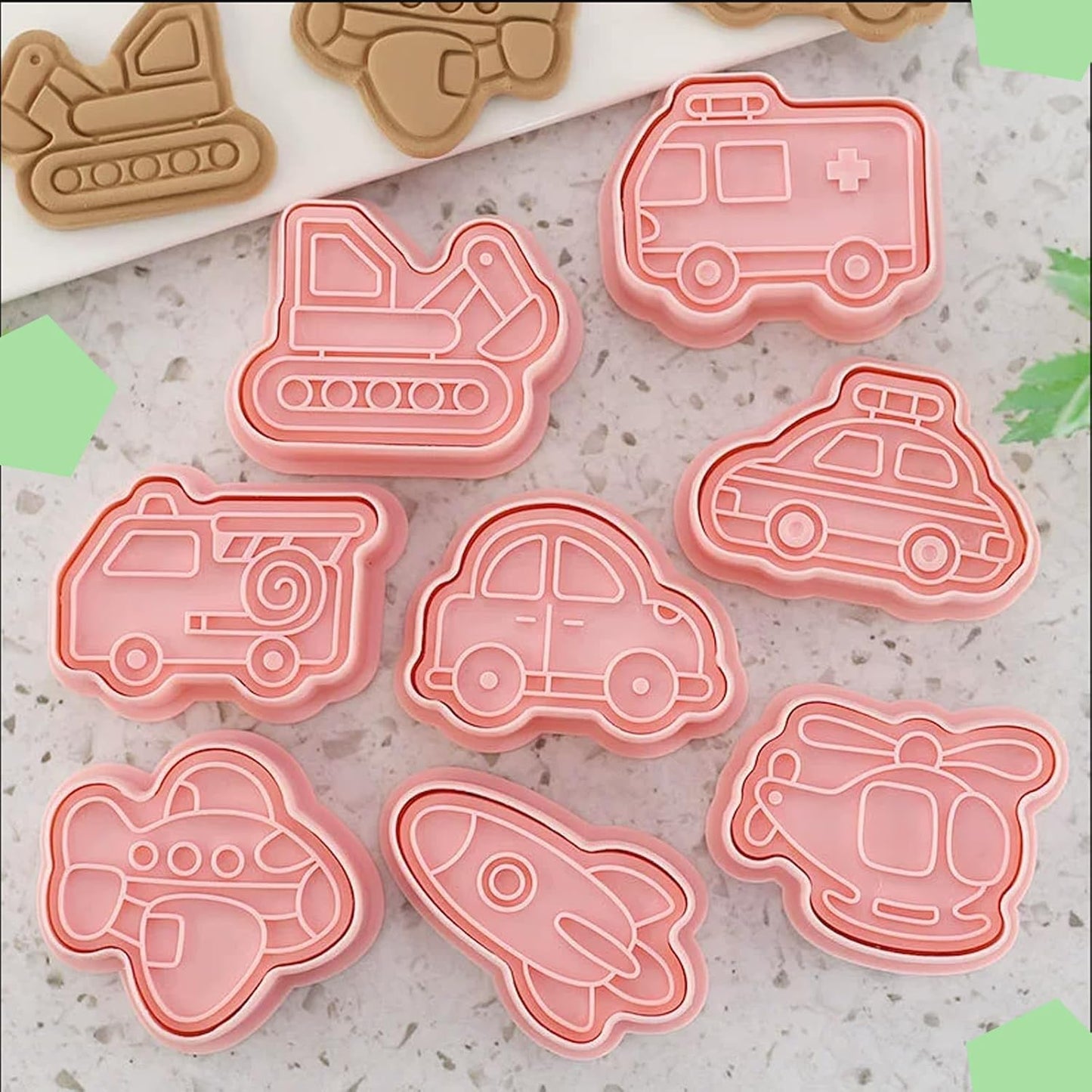 8Piece Vehicle Cookie Cutters Set,3D Transport-Themed Plastic Baking Molds for Cookies, Fondant, Cheese – Includes Plunger Stamp for Embossing (E)