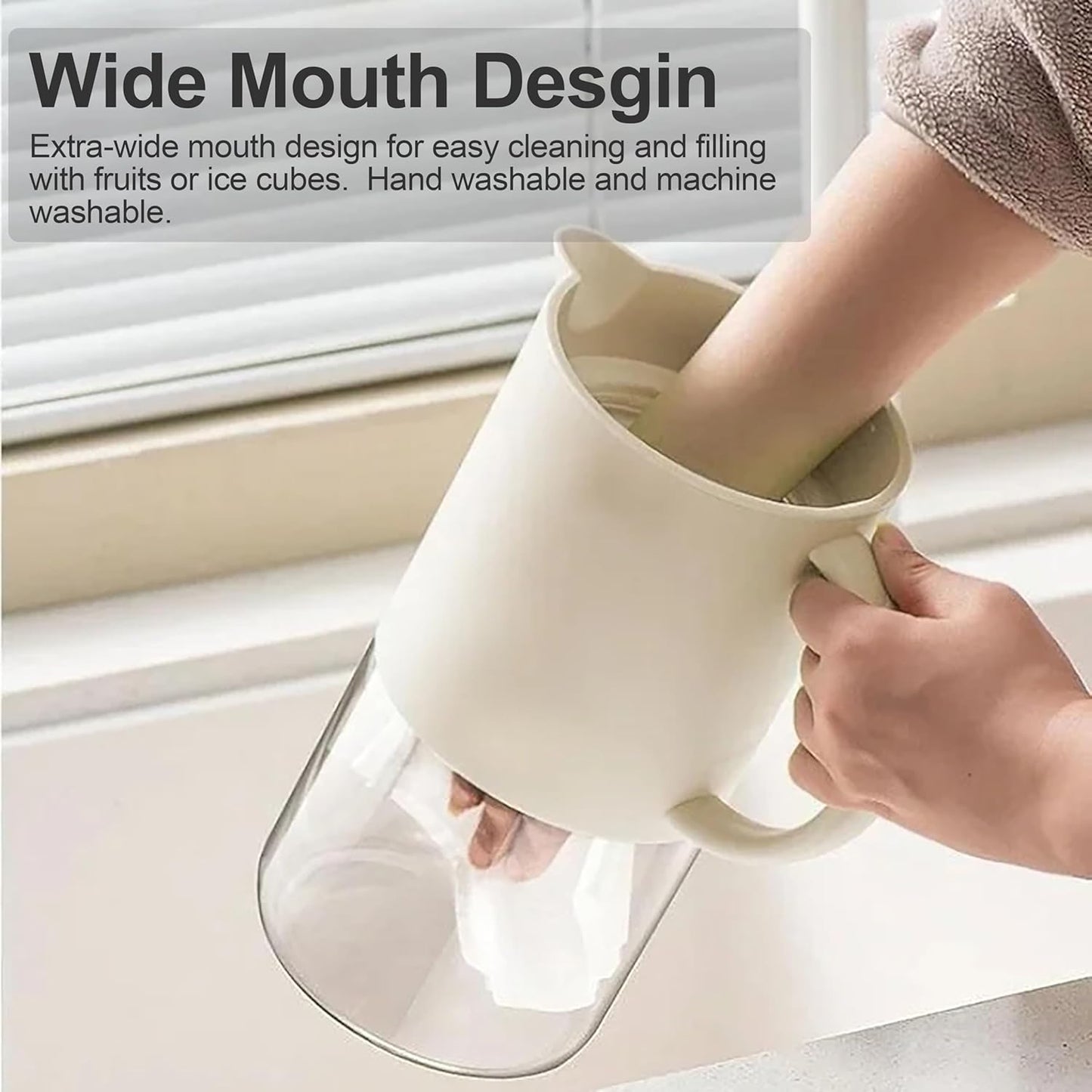 Delove Borosilicate Glass Pitcher with Lid & Auto Spout – Shatterproof Plastic Shell, Wide Mouth Design – 62 oz (1.9 Quart) Jug for Boiling Water, Iced Tea, Juice & Cold Brew Coffee (2, Beige)