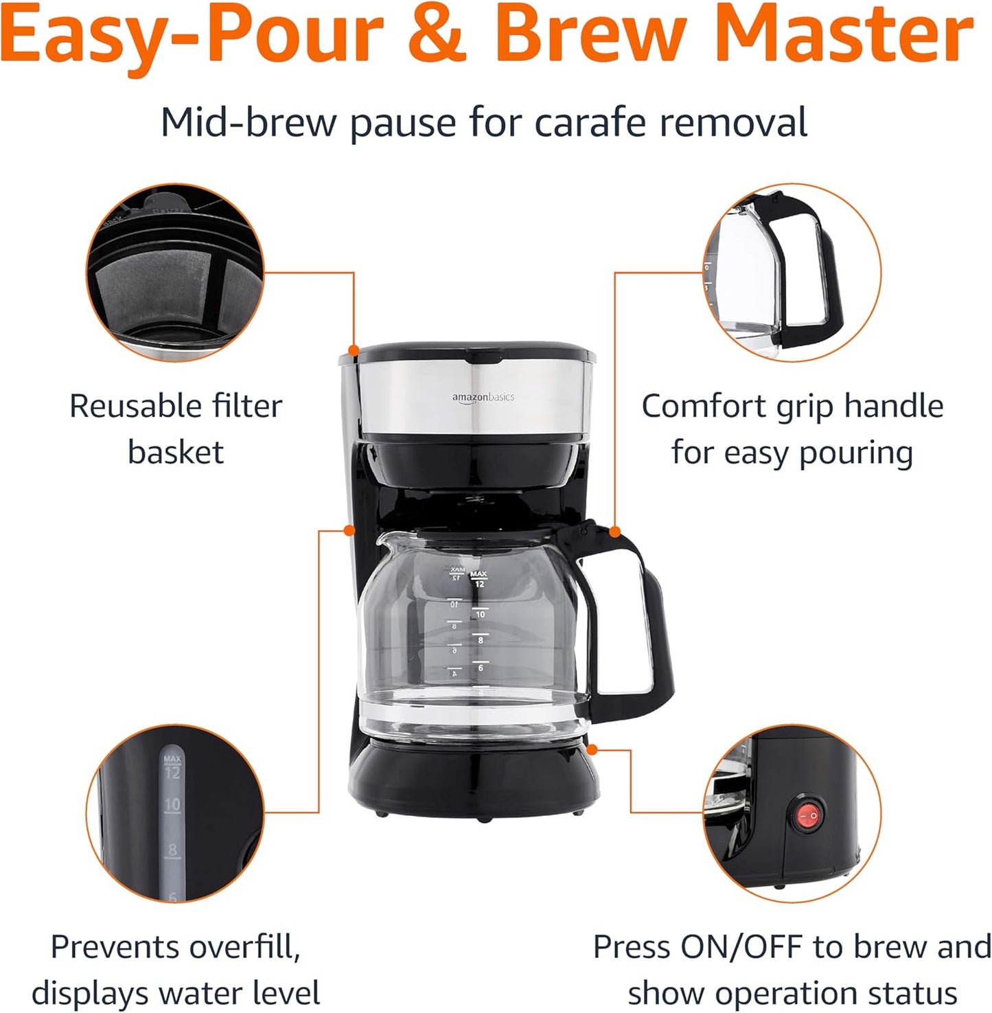 Amazon Basics Coffee Makers, 12-Cup Coffee Machines with Reusable Filter, Coffee Pots, Black & Stainless Steel