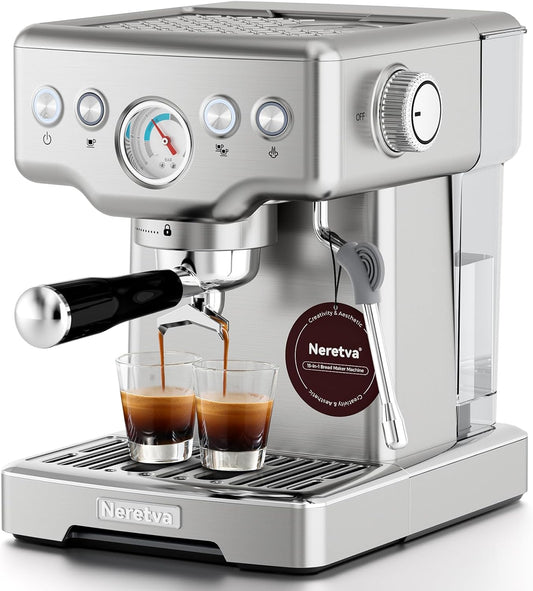 Neretva Espresso Machine, 15 Bar Espresso Coffee Machine with Visible Pressure Guage Professional Espresso Maker with Milk Frother & Stainless Steel for Home Barista Latte and Cappuccino Maker-Silver