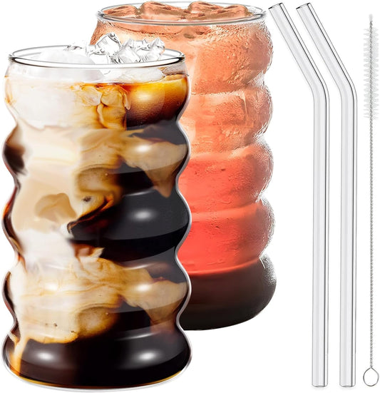 2 Pcs Drinking Glasses with Glass Straws, 19.5oz Iced Coffee, Milk Tea, Fruit Smoothie Glasses - Ideal for Water, Soda, Tea - Gift Set with Cleaning Brush
