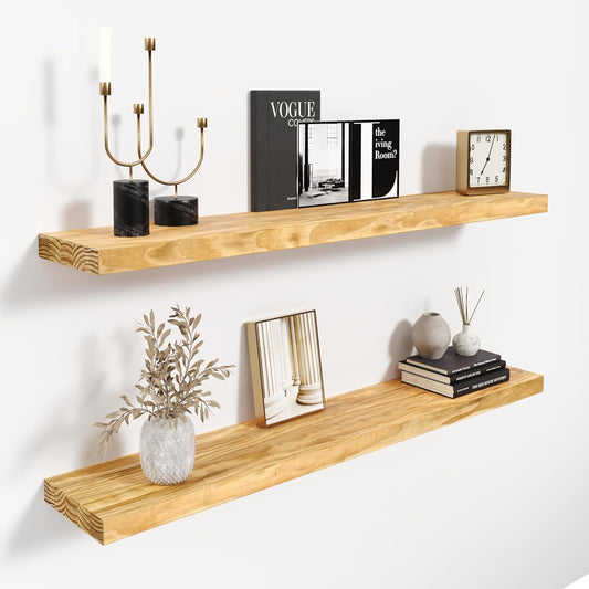 36'' Pine Wood Floating Shelves for Wall- Set of 2 - Rustic Wall Mounted Wooden Shelf for Stylish Home Décor (Natural, 36x6.5x1.25) - 2pcs