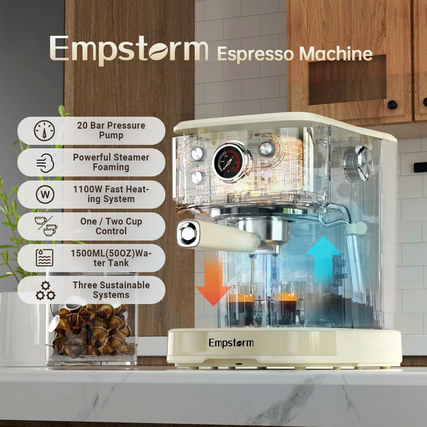 White Espresso Machine with Milk Frother, Cappuccino Machines for Home, Coffee Espresso Machine Suitable for Coffee Powder/NS Original Capsules, Espresso Maker with Thermometer