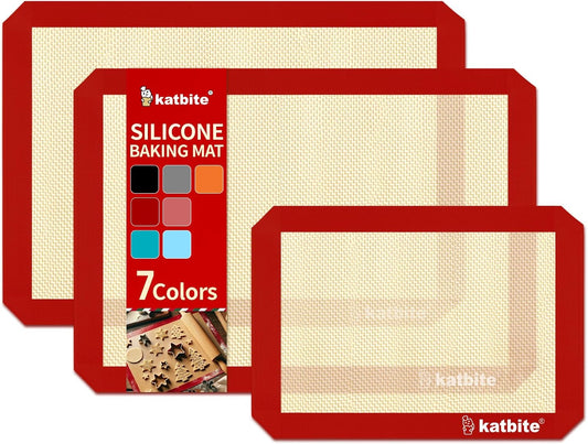 Katbite Silicone Baking Mat Colorful Collection - Set of 3: 2 Half Sheets Mats (11 5/8" x 16 1/2") + 1 Quarter Baking Sheet, Reusable & Nonstick Bakeware Mats for Cookies, Macarons, Bread (Red)