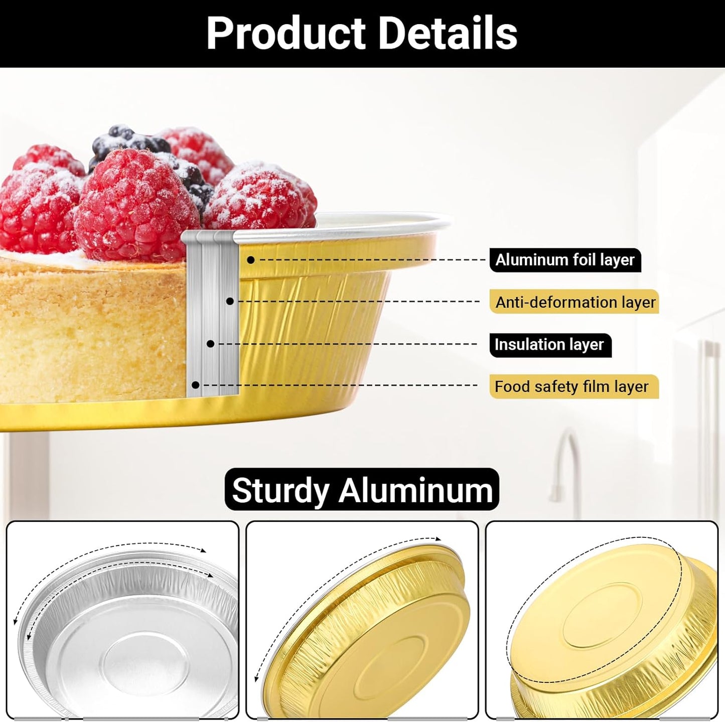 EUSOAR Mini Cake Pans with Lids, 100pcs 10oz/275ml Gold Baking Cups Cupcake Liners, Round Aluminum Cheesecake Container Cheesecakes Muffins Liners Pie Wrappers for Bakery Wedding Birthday Party