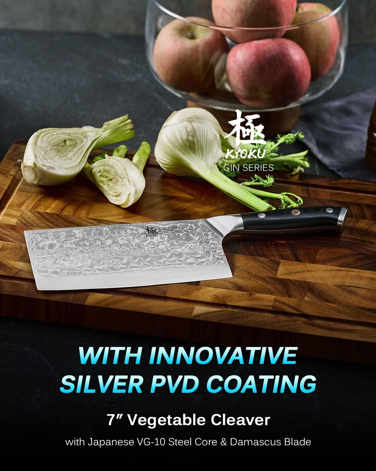 KYOKU Gin Series Vegetable Cleaver Knife, 7" Asian Vegetable Knife, Japanese VG10 Damascus Stainless Steel Knife, Professional Kitchen Knife with Silver Ion Blade G10 Handle Mosaic Pin Sheath & Case
