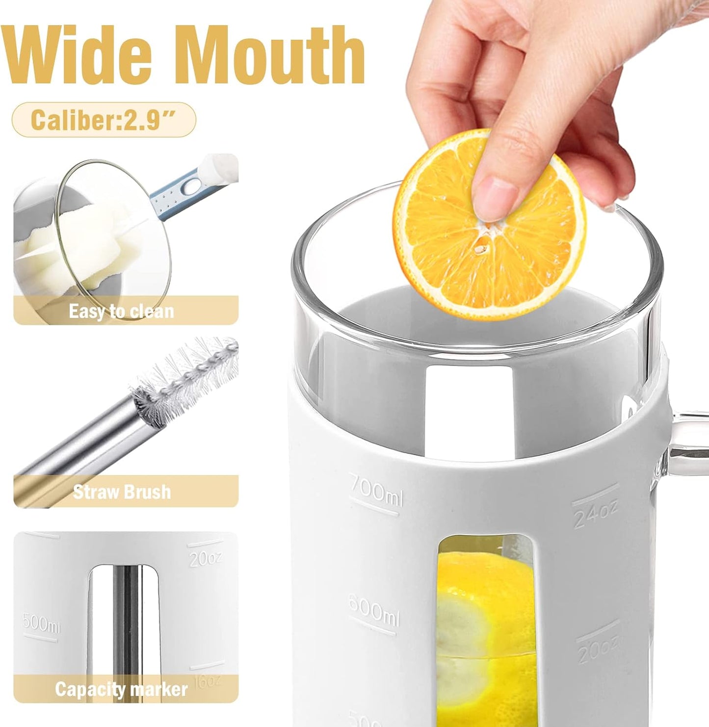 Kodrine Tumbler with Lid and Straw, 24 oz Glass Tumbler with Handle, Iced Coffee Cup Boba Smoothie Cup, Coffee Tumbler Water Tumbler Cups with Bamboo Lid Home Office Tumblers, White