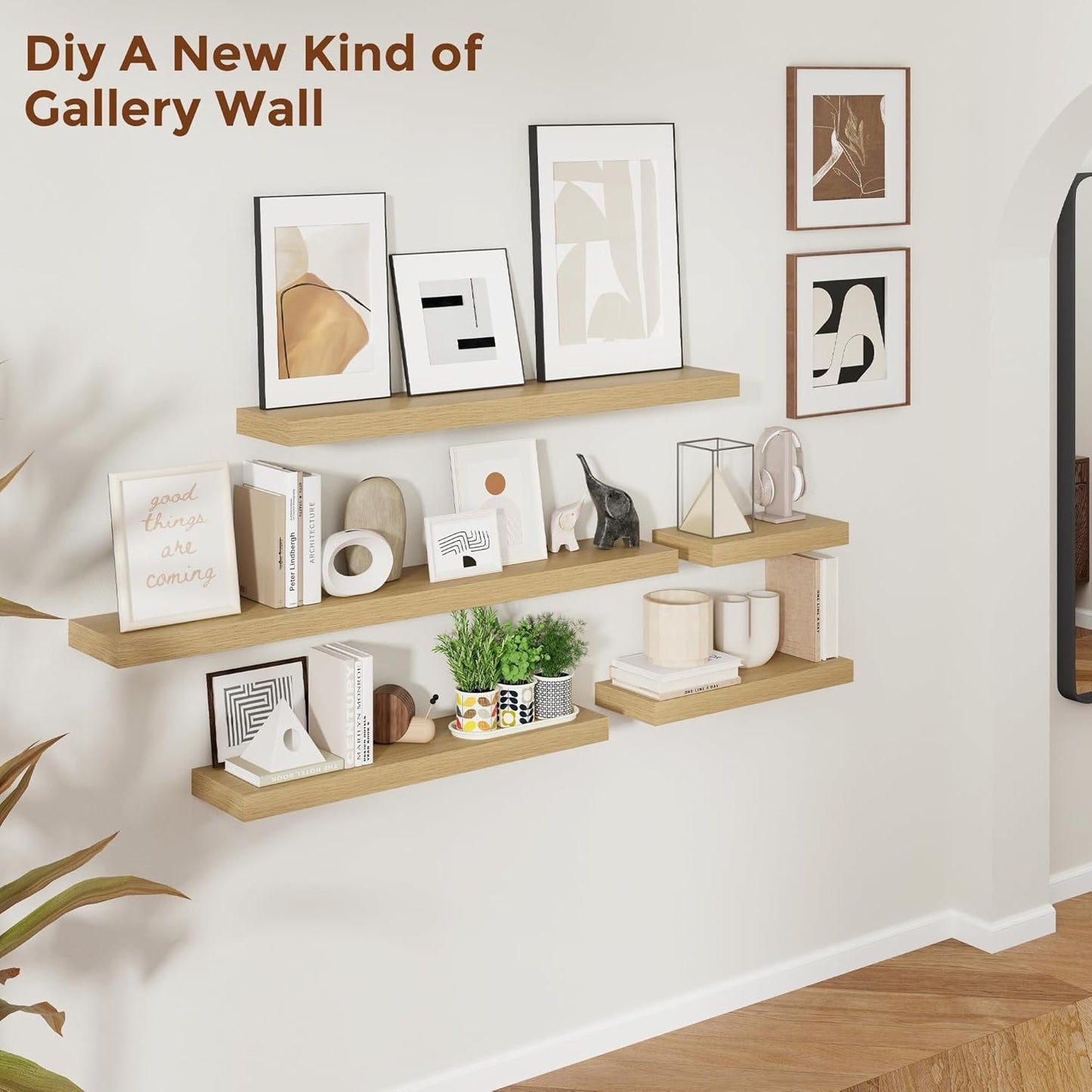 Heimlove 55 Inch Floating Shelves for Wall 8 Inch Deep Oak Shelves Set of 2,Wall Mounted Rustic Wood Long Floating Shelf，Large Extra Display & Storage Shelf with Invisible Brackets