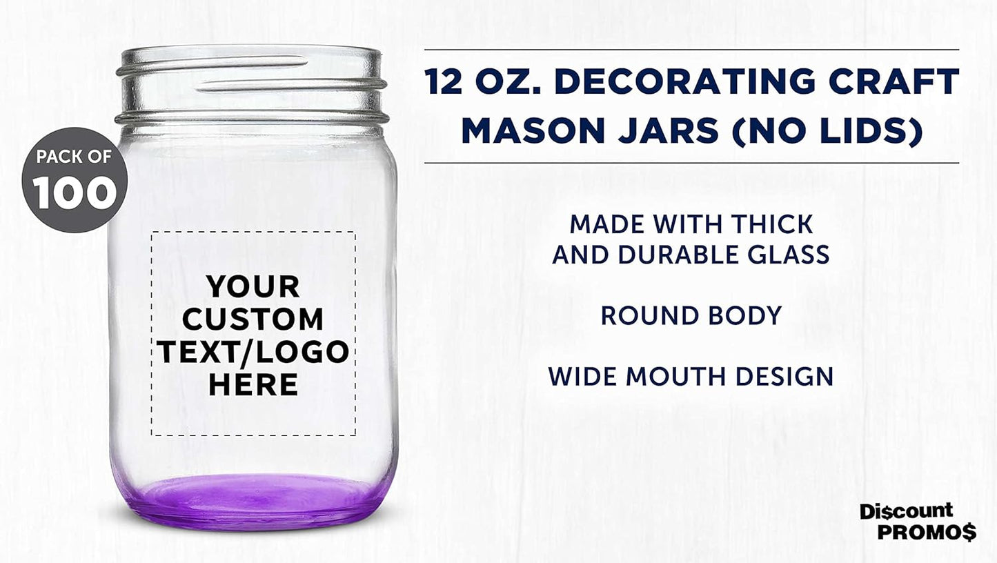 DISCOUNT PROMOS Custom Decorating Mason Jars 12 oz. Set of 100, Personalized Bulk Pack - Glass Jars for Overnight Oats, Candies, Fruits, Pickles, Spices, Beverages - Purple