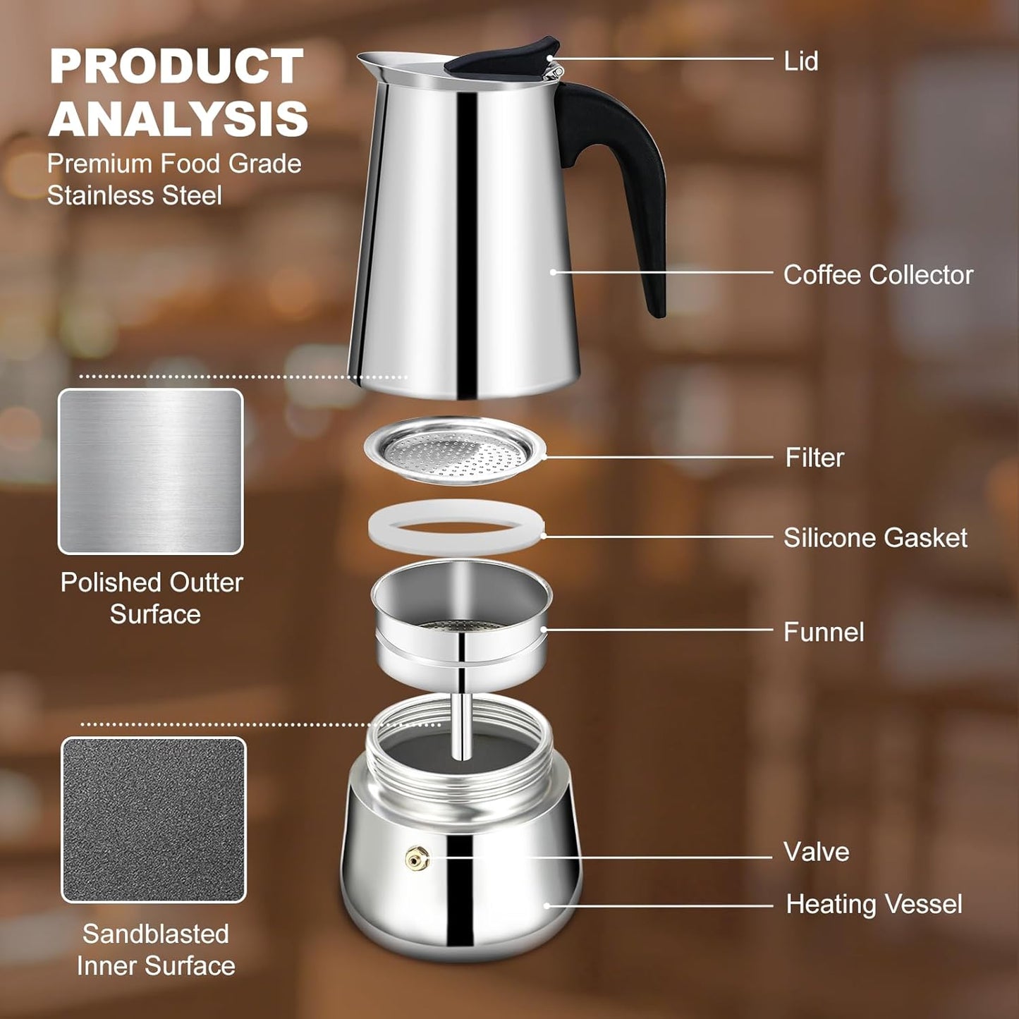 9 Cup Stovetop Espresso Maker Stainless Steel Moka Pot Stove Top Percolator Italian Coffee Makers Capable Mocha Greca Machine Cafe Classic Induction Cookers for Home and Camping 450ml 15oz