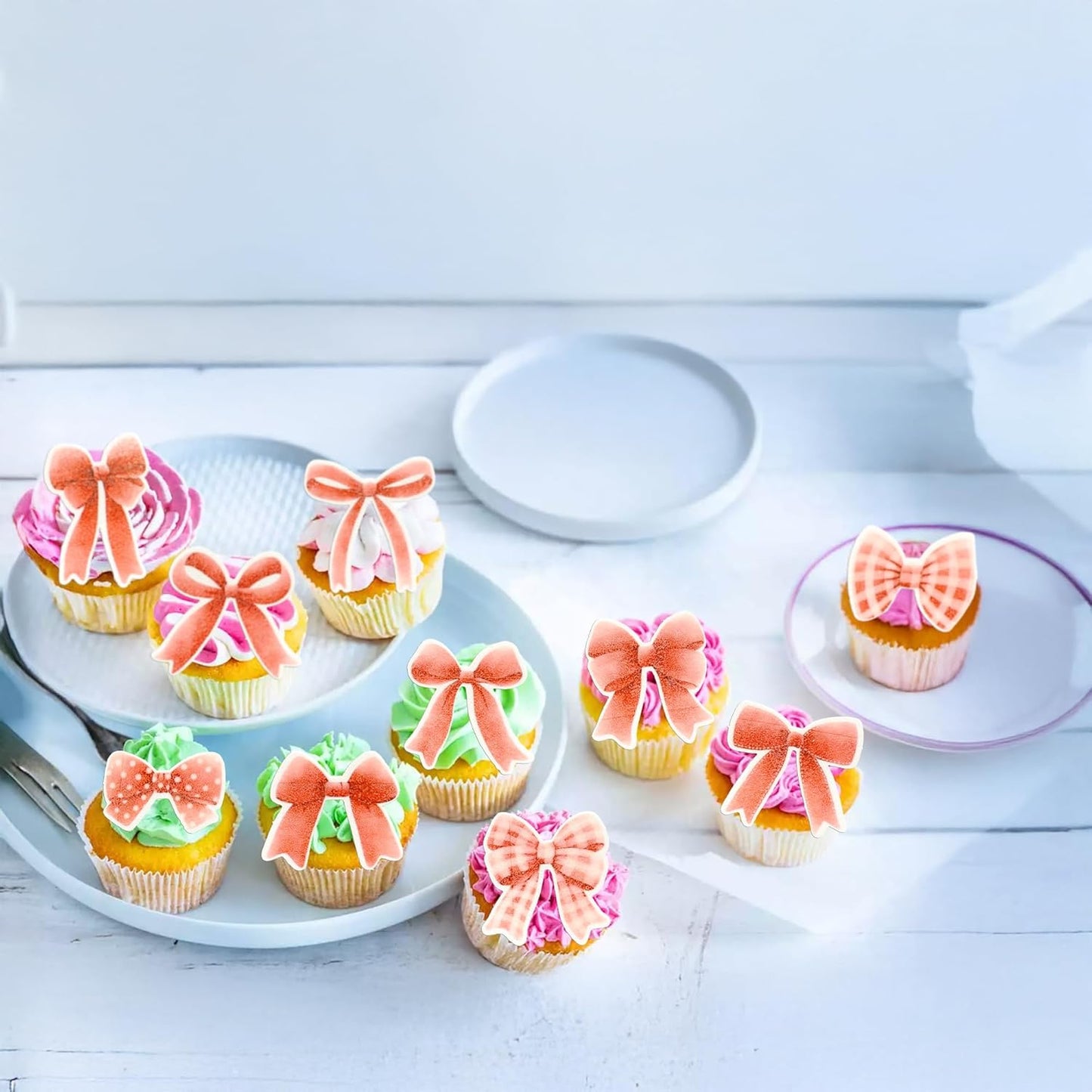 Gyufise 50Pcs Edible Red Bowknot Cupcake Toppers Wafer Paper Bowknot Cake Dessert Picks Baby Shower Princess Cupcake Toppers for Birthday Party Decoration Supplies
