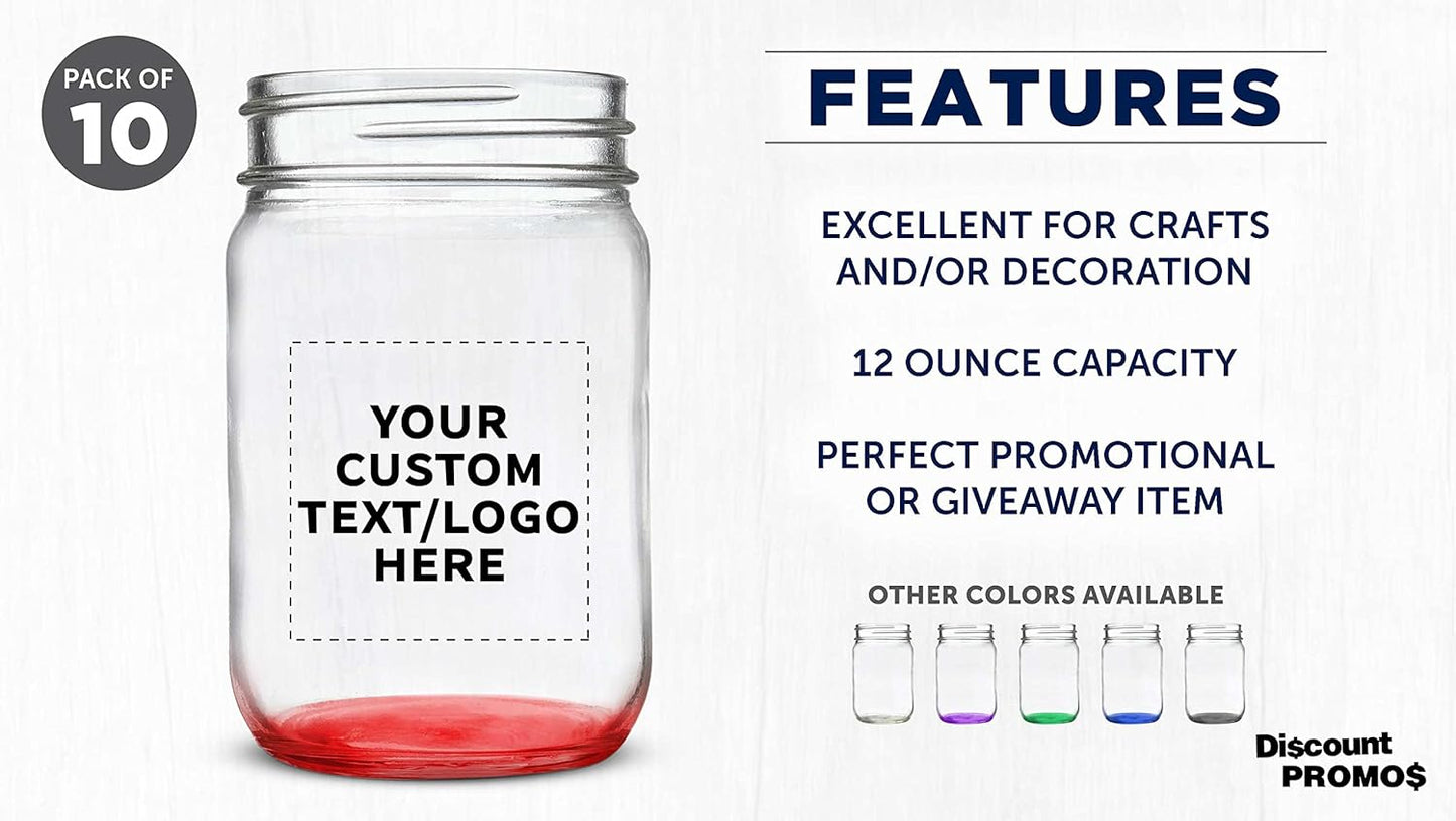 DISCOUNT PROMOS Custom Decorating Mason Jars 12 oz. Set of 10, Personalized Bulk Pack - Glass Jars for Overnight Oats, Candies, Fruits, Pickles, Spices, Beverages - Red