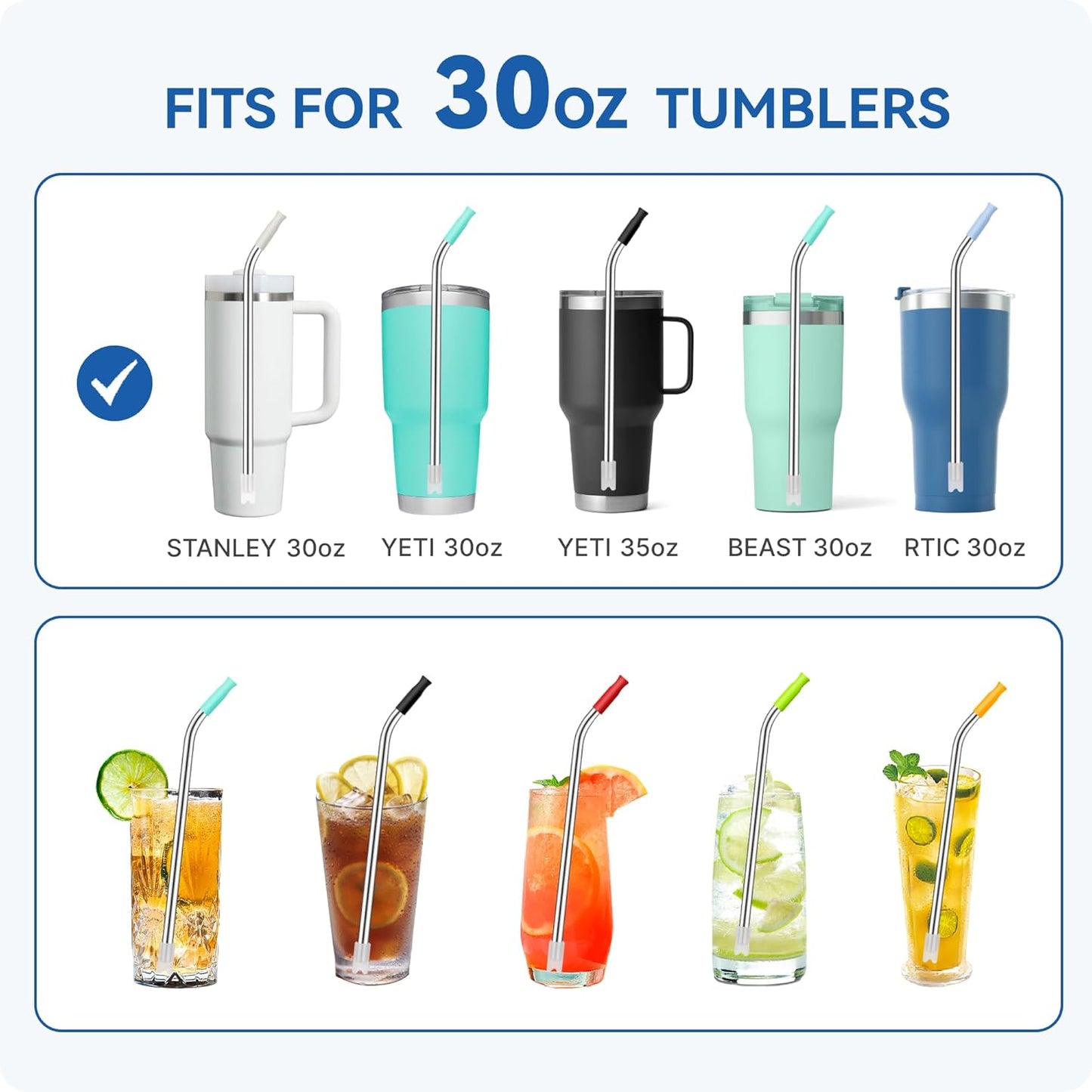 Reusable Stainless Steel Straws with Silicone Tip for Stanley 30oz, Metal Drinking Straws for 30oz Tumbler,3 Bent Tubes & 6 Tips& 1 Cleanr Brush (Transparent)