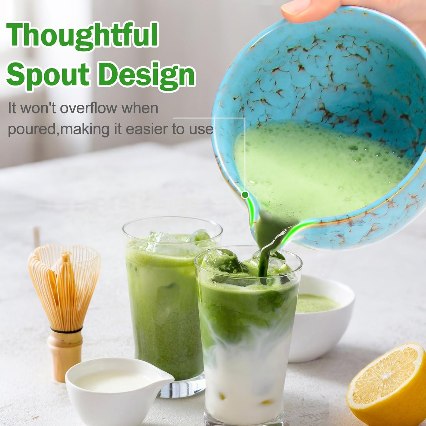 MONOJOY Matcha Whisk Set Ceramic Bowl with Spout Includes Chasen and Holder, Bamboo Scoop, Sifter Kit, Ceremonial Matcha Tea Cute Making Tool Gift Perfect for Matcha Latte Lovers | Beginners, 5pcs