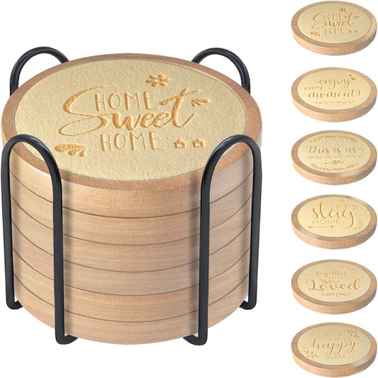 Coasters Sets of 6 Housewarming Gifts for Home Decoration Absorbent Coasters with Holder for Coffee Tabletop Protection 4.3 Inch Beige