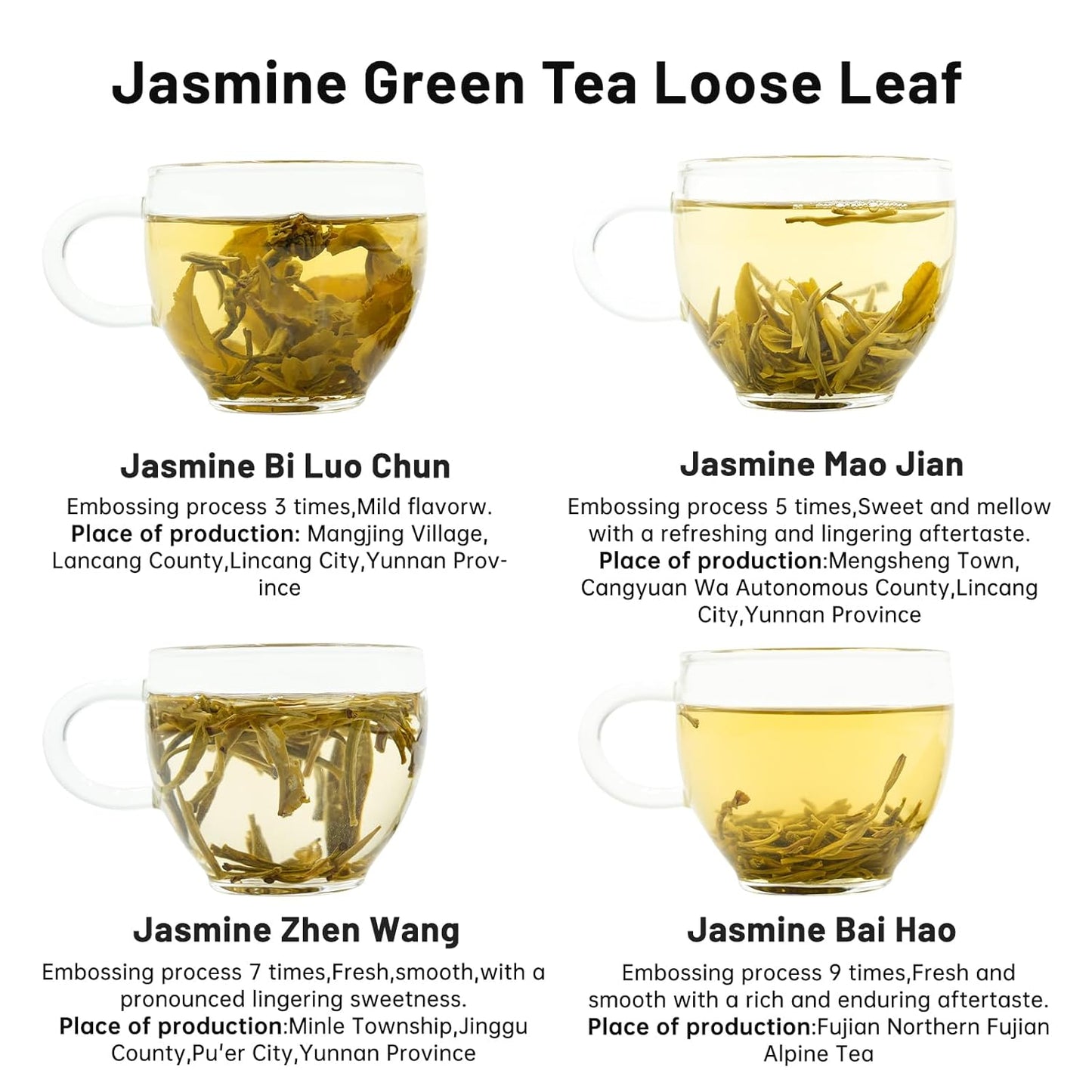 iTeaworld Jasmine Green Tea Loose Leaf Samplers Set, With Different Flowery Aromas, No Sweetener, Sweet After Taste, 4 Different Grades of Jasmine Tea Loose Leaf, 16 Pack/56g