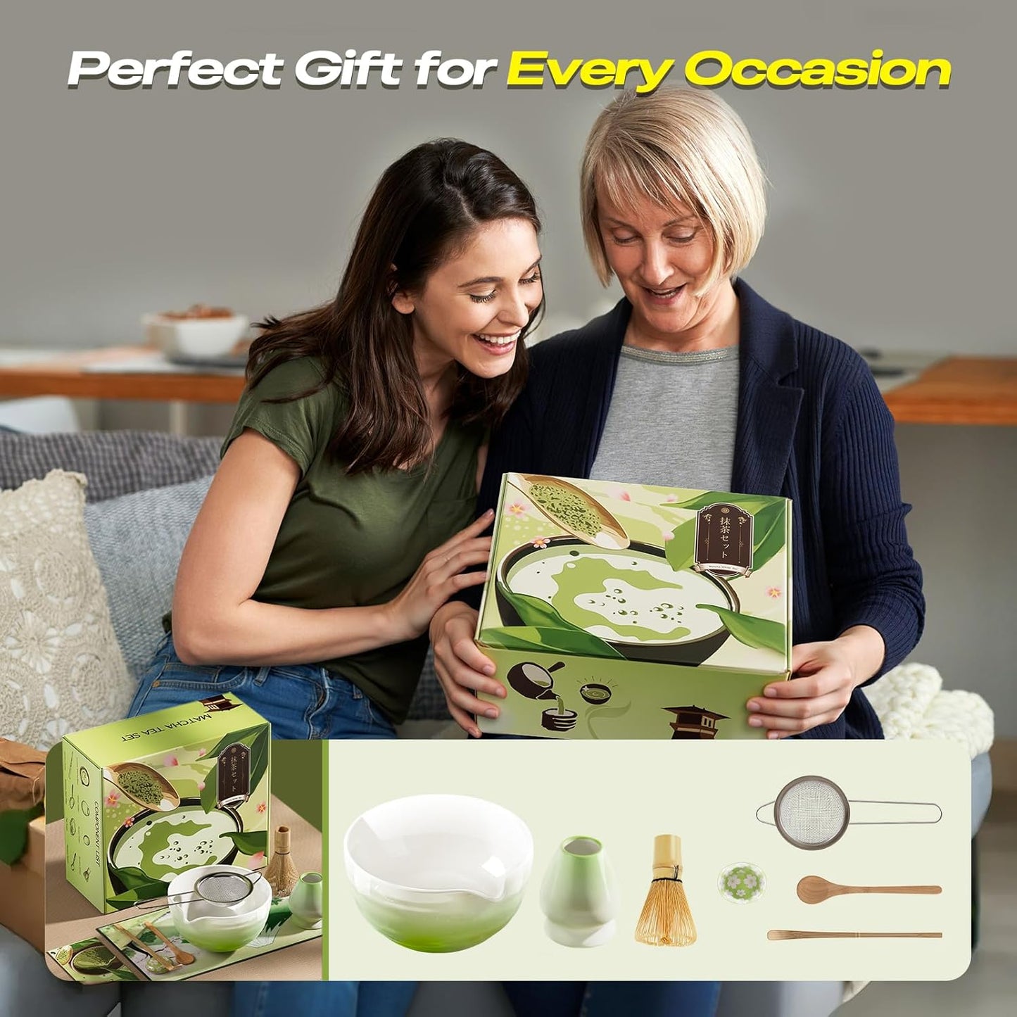 Matcha Whisk Set - 8 Pcs Tea Set with Bamboo Whisk and Holder, Ceramic Bowl, Bamboo Scoop and Spoon,Scoop Rest, Sifter & Tea Towel, Japanese Home Matcha Kit for Authentic Ceremony (Green)