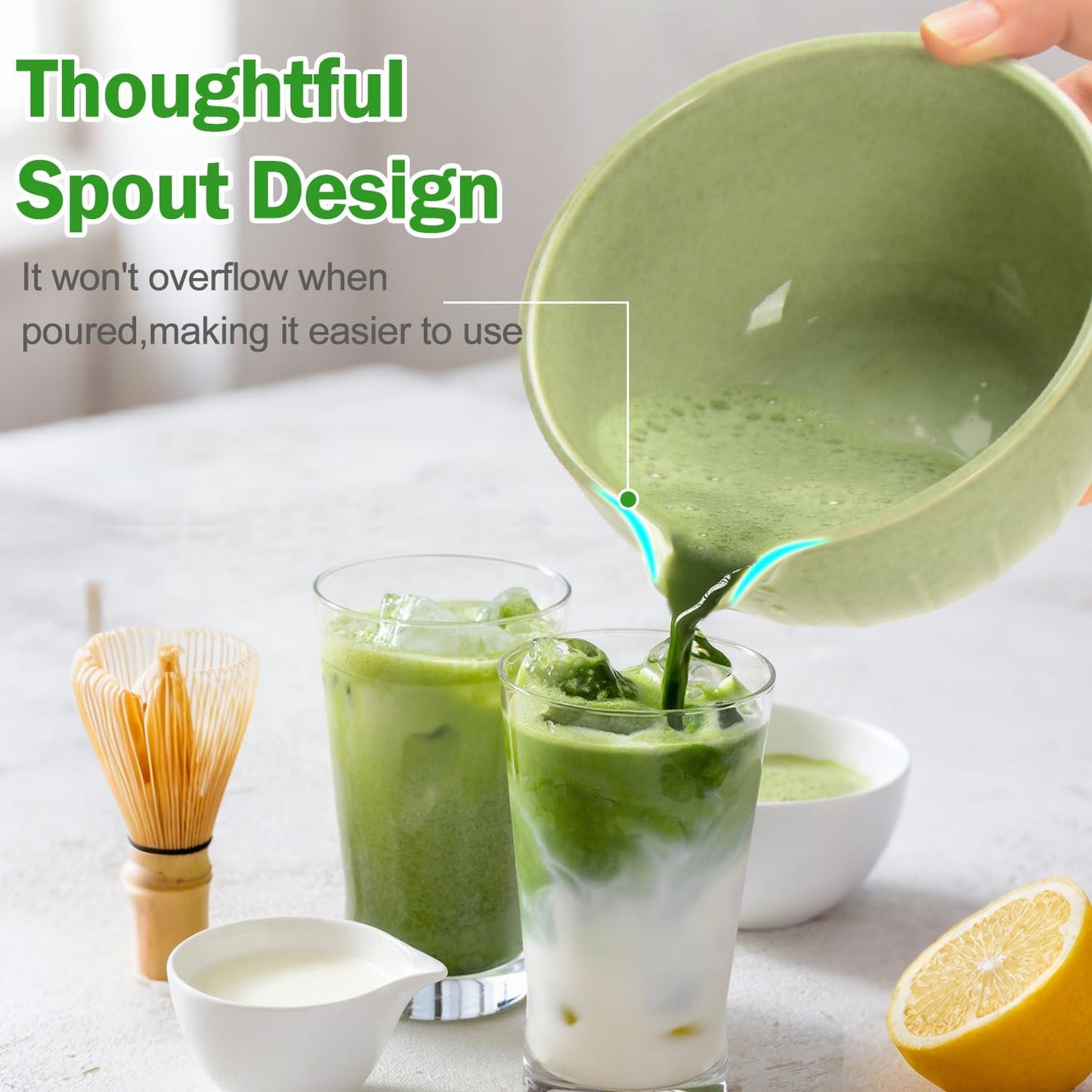 MONOJOY Matcha Whisk Set Ceramic Bowl Kit with Spout, Bamboo Chasen and Holder, Scoop Rest,Sifter Tea Towel Ceremonial Cute Matcha Tea Making Tool,Gift Perfect for Latte Lovers | Beginners,7pcs