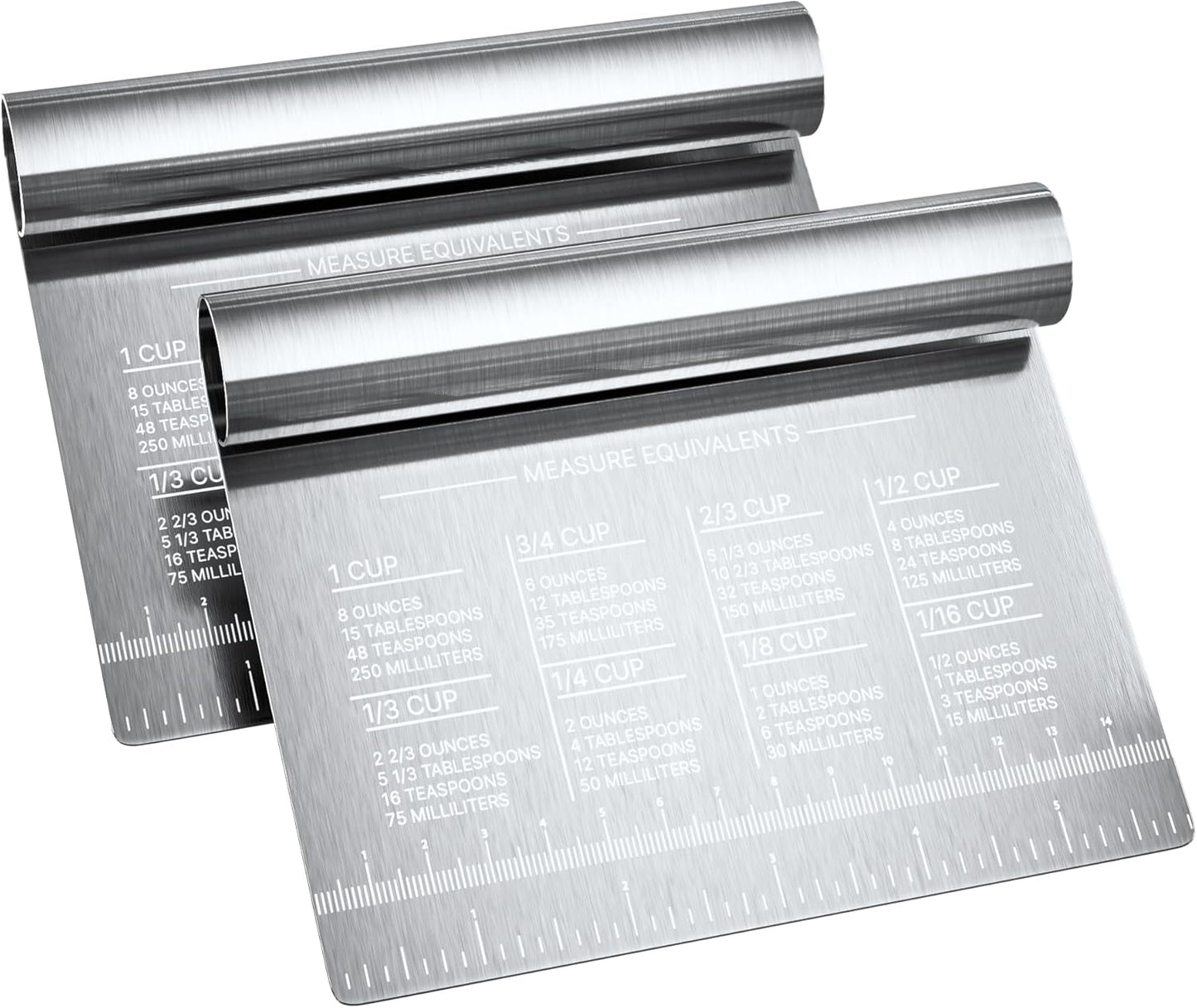 Bench Scraper for Baking, Food Scraper Stainless Steel Blade Dough Cutter with Engraved Measuring Guide & Equivalent Chart, Scraper Tool kitchen Use for Scrapping, Cutting, Chopping, 2 Pack -by RamPro